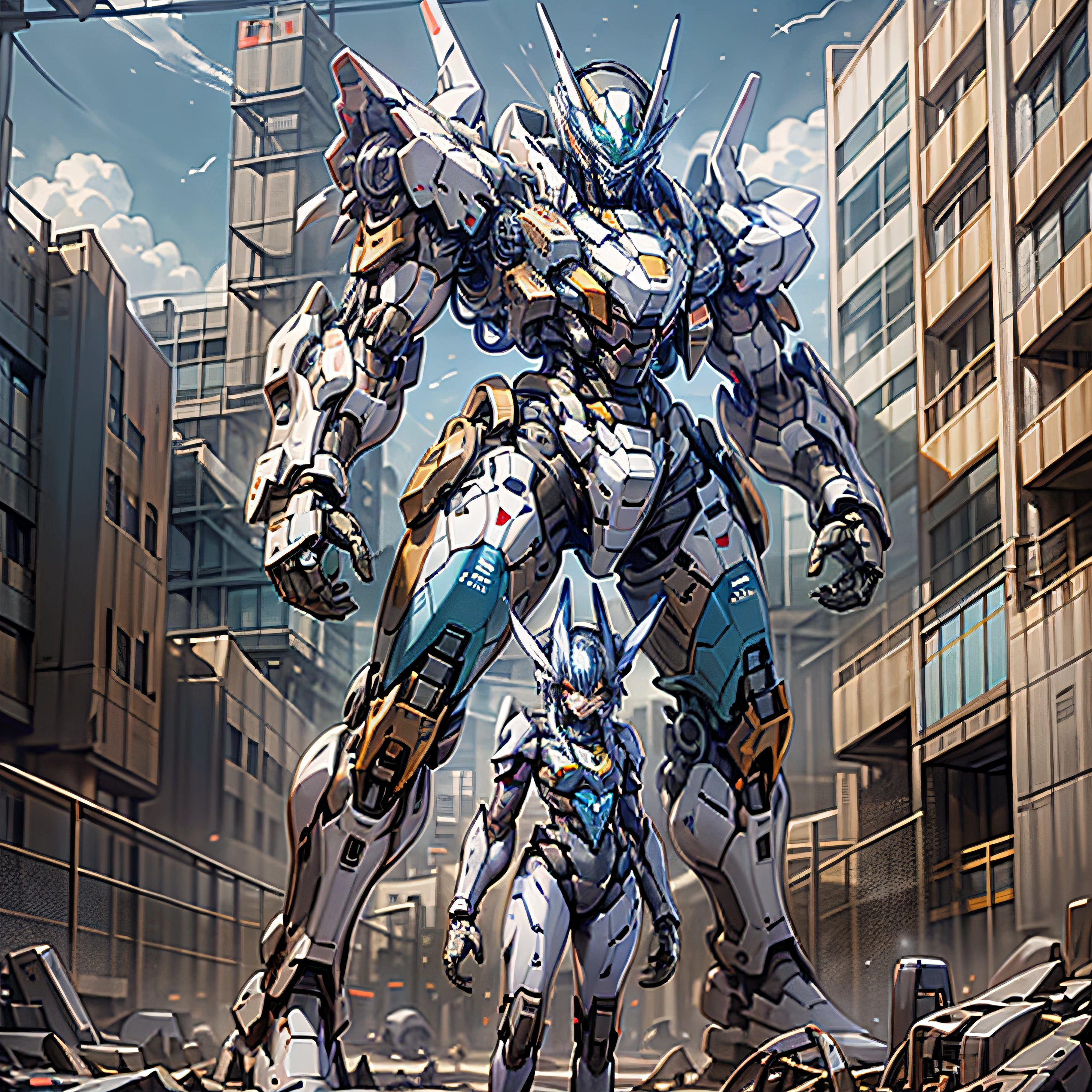 tmasterpiece,Highest image quality,8K,Cyber beauty,Mecha background,The pupils are bright,Combat atmosphere,Dynamic posture,urban backdrop+There are stars in the sky,cyber punk perssonage,engineer,Brain-machine,Blue mech,Medical Bag,Mecha Shark,exoskeleton,power armour