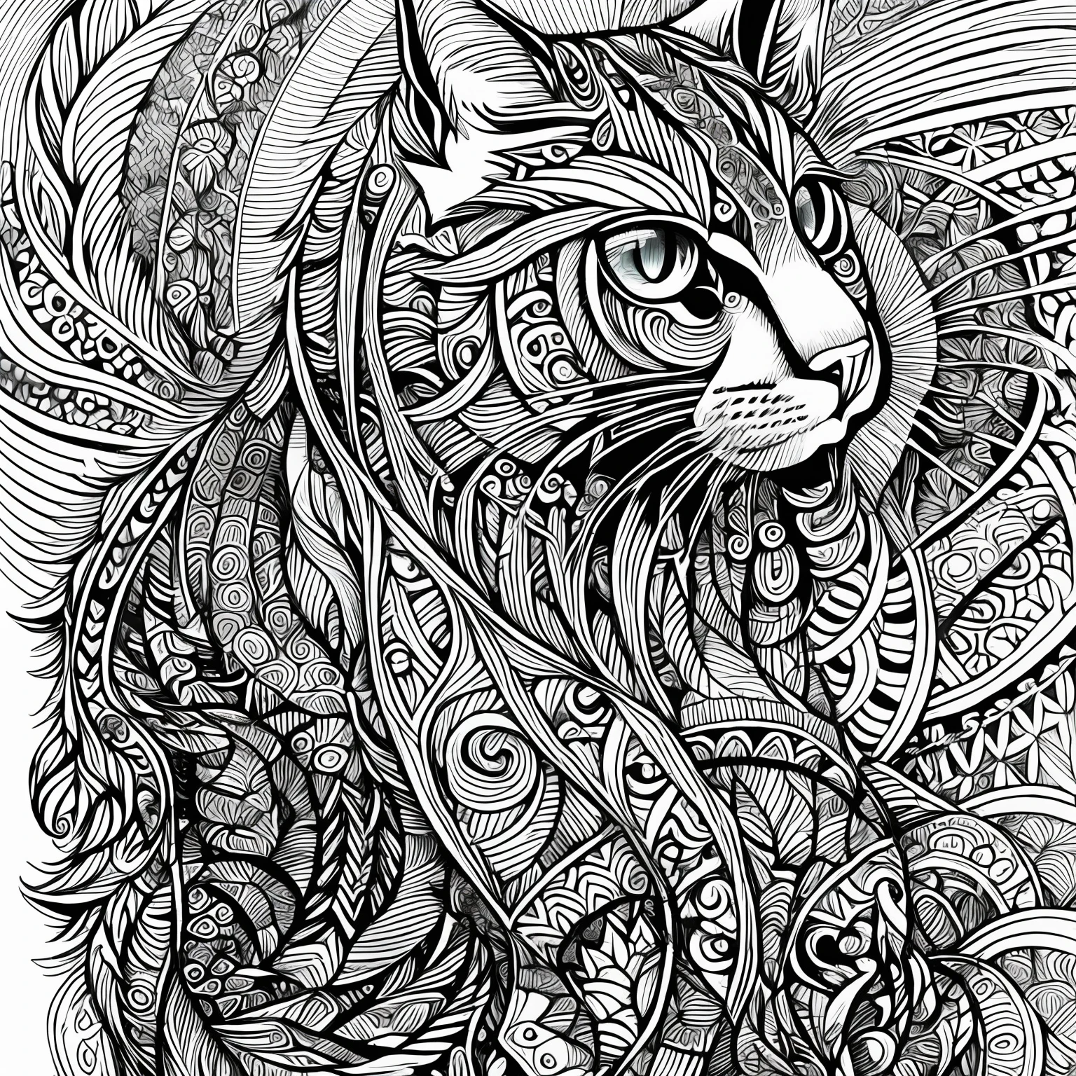 Maincoon cat, (best quality) zentangle, fine line drawing, fine line art, colouring book illustrations, ultra-detailed, intricate linework, highly detailed illustration, perfect composition, beautiful and stunning, dynamic angle, high contrast, incredible shading, incredible detail, unique style, multi colored details, (dark and mystical atmosphere), intricate and detailed nature elements. --auto --s2