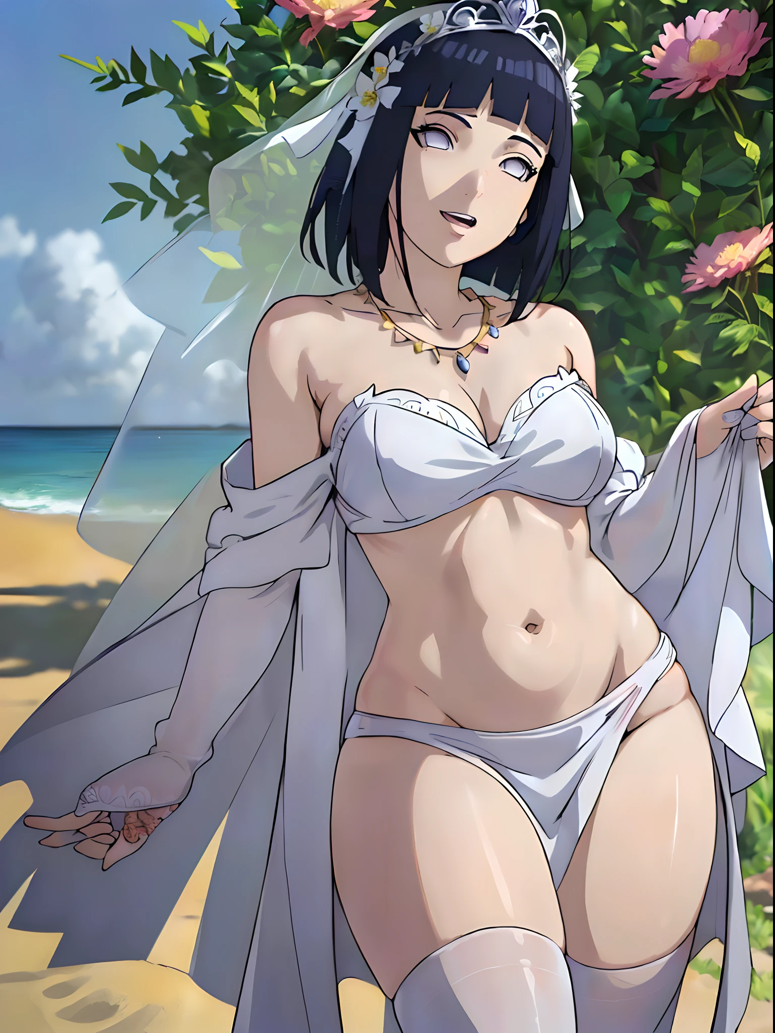 (WALLPAPER, (hinata\(boruto\), masterpiece, 4k, vector coloring, whole body shot, contrast lighting, mature female, milf, (curvy:0.8), solo, anime style, sharp focus, professional artwork, intricate details, detailed beach background, colorful, vibrant colors, vivid colors, digital blending, ultra detailed body, ultra detail hair, ultra detail face, trending on pixiv, very hot colors, sunny day, outdoor, detailed bold arm lines, high color saturation, bold lines, bold drawing lines),
(standing, open mouth, kind smile, extremely happy, goodbye),
((dark blue hair color:1.1), wavy hair, ((short hair, hime cut)),
(perfect eyes, white sciera, white eyes, anime eyes, smoky eyeliner, eyeshadow)
(white skin, slender body, milf, navel, groin, flat belly, perfect face, perfect thighs),
(Thighs, legs, big breasts, perky boobs, off-shoulders, (groin, detailed shoulders),
(bare chest, bare shoulders, bare hands, bare legs),
(all cloth is white, white dress, wedding veil, white flower wedding tiara, gold necklace)