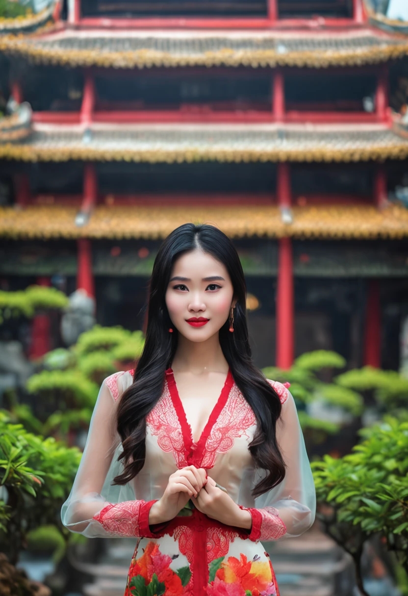 vietnamese gorgeous woman with black long hair detailed alluring eyes, high nose, beautyful face, happy, Thigh gap long sexy legs wearing ao dai Vietnam in beautiful futuristic in a garden of hanoi, mist, hot, sunny, best quality masterpiece, photorealistic, detailed, 8k, HDR, shallow depth of field, broad light, high contrast, backlighting, bloom, light sparkles, chromatic aberration, sharp focus, RAW color photo, accent lighting