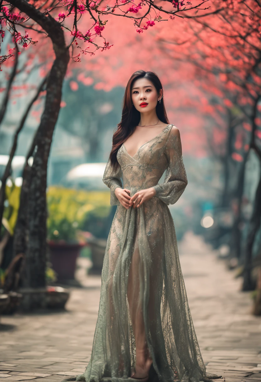 vietnamese gorgeous woman with black long hair detailed alluring eyes, high nose, beautyful face, happy, Thigh gap long sexy legs wearing ao dai Vietnam in beautiful futuristic in a garden of hanoi, mist, hot, sunny, best quality masterpiece, photorealistic, detailed, 8k, HDR, shallow depth of field, broad light, high contrast, backlighting, bloom, light sparkles, chromatic aberration, sharp focus, RAW color photo, accent lighting