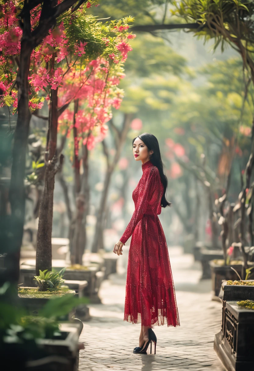 vietnamese gorgeous woman with black long hair detailed alluring eyes, high nose, beautyful face, happy, Thigh gap long sexy legs wearing ao dai Vietnam in beautiful futuristic in a garden of hanoi, mist, hot, sunny, best quality masterpiece, photorealistic, detailed, 8k, HDR, shallow depth of field, broad light, high contrast, backlighting, bloom, light sparkles, chromatic aberration, sharp focus, RAW color photo, accent lighting