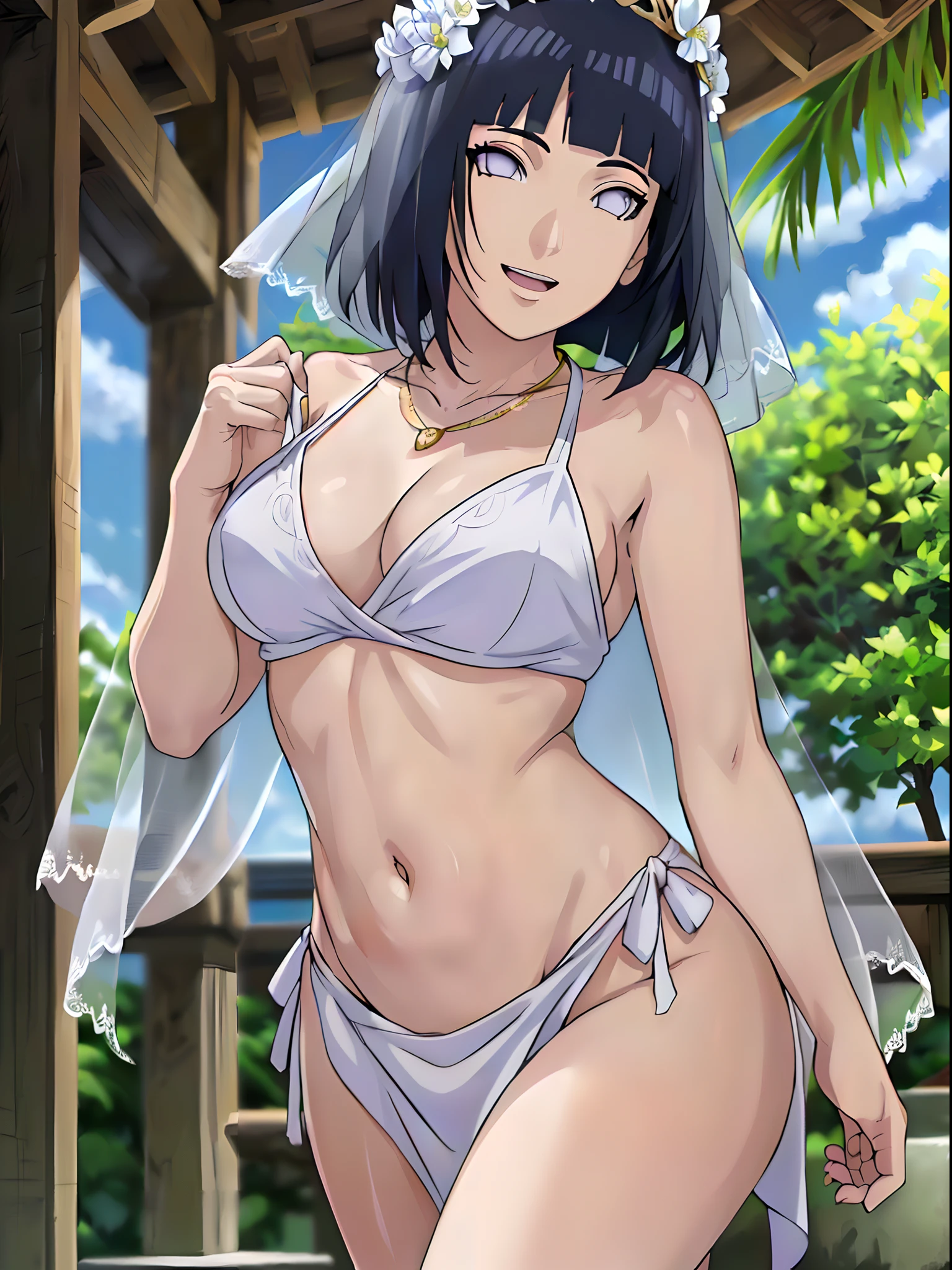 (WALLPAPER, (hinata\(boruto\), masterpiece, 4k, vector coloring, whole body shot, contrast lighting, mature female, milf, (curvy:0.8), solo, anime style, sharp focus, professional artwork, intricate details, detailed beach background, colorful, vibrant colors, vivid colors, digital blending, ultra detailed body, ultra detail hair, ultra detail face, trending on pixiv, very hot colors, sunny day, outdoor, detailed bold arm lines, high color saturation, bold lines, bold drawing lines),
(standing, open mouth, kind smile, extremely happy, goodbye),
((dark blue hair color:1.1), wavy hair, ((short hair, hime cut)),
(perfect eyes, white sciera, white eyes, anime eyes, smoky eyeliner, eyeshadow)
(white skin, slender body, milf, navel, groin, flat belly, perfect face, perfect thighs),
(Thighs, legs, big breasts, perky boobs, off-shoulders, (groin, detailed shoulders),
(bare chest, bare shoulders, bare hands, bare legs),
(all cloth is white, white dress, wedding veil, white flower wedding tiara, gold necklace)