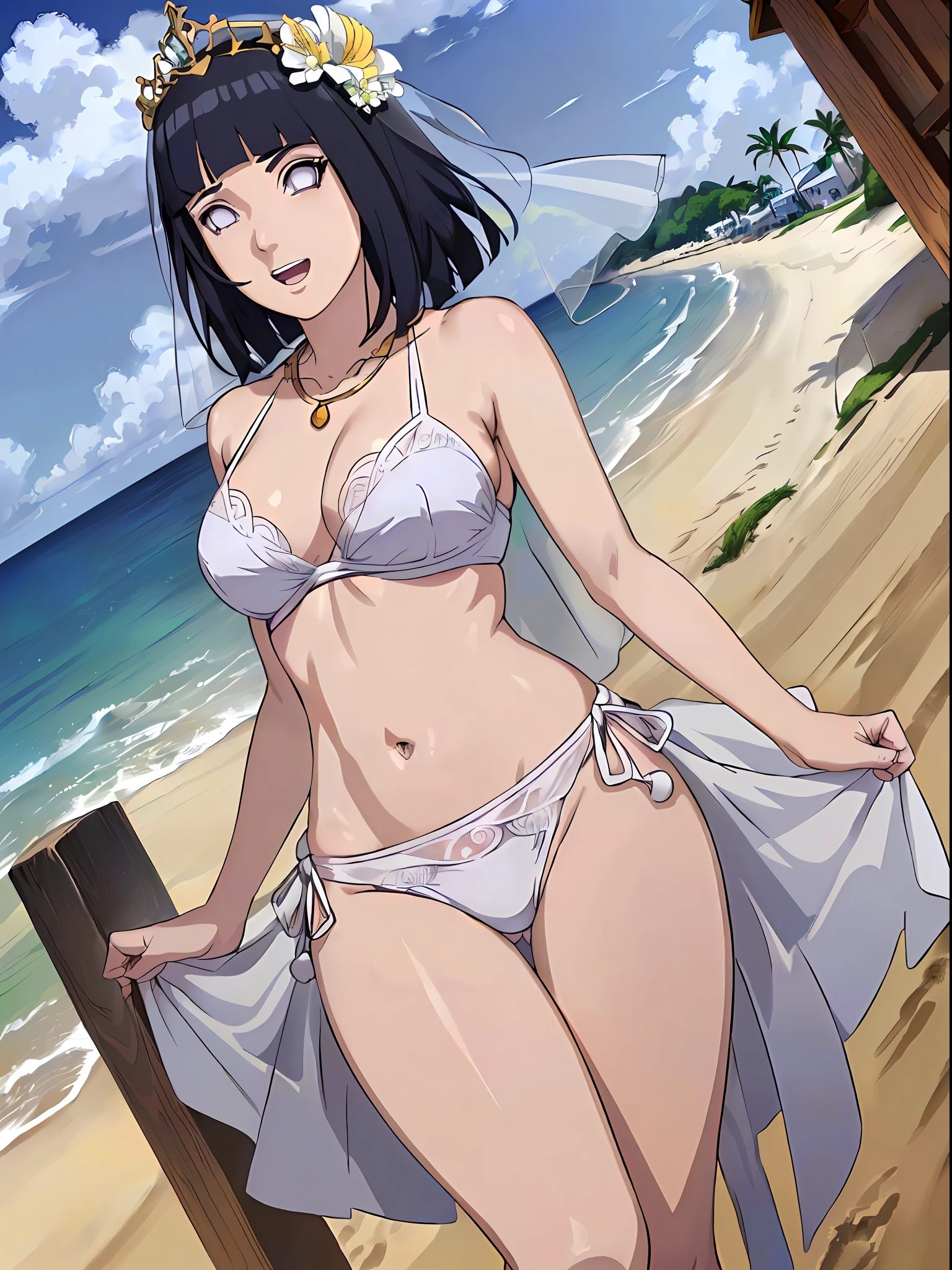 (WALLPAPER, (hinata\(boruto\), masterpiece, 4k, vector coloring, whole body shot, contrast lighting, mature female, milf, (curvy:0.8), solo, anime style, sharp focus, professional artwork, intricate details, detailed beach background, colorful, vibrant colors, vivid colors, digital blending, ultra detailed body, ultra detail hair, ultra detail face, trending on pixiv, very hot colors, sunny day, outdoor, detailed bold arm lines, high color saturation, bold lines, bold drawing lines),
(standing, open mouth, kind smile, extremely happy, goodbye),
((dark blue hair color:1.1), wavy hair, ((short hair, hime cut)),
(perfect eyes, white sciera, white eyes, anime eyes, smoky eyeliner, eyeshadow)
(white skin, slender body, milf, navel, groin, flat belly, perfect face, perfect thighs),
(Thighs, legs, big breasts, perky boobs, off-shoulders, (groin, detailed shoulders),
(bare chest, bare shoulders, bare hands, bare legs),
(all cloth is white, white dress, wedding veil, white flower wedding tiara, gold necklace)