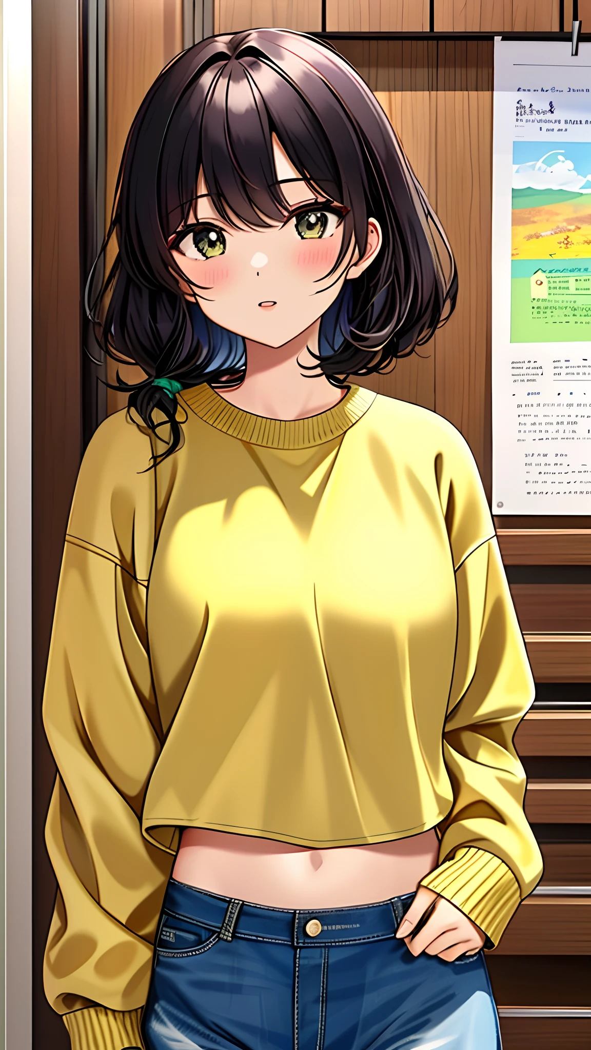 woman， cropped-fc，，， BTPT-FC， Cropped sweater， hason， Sweaters， 1girll， 详细的脸， Hang in the back， illustratio，Whole body diagram