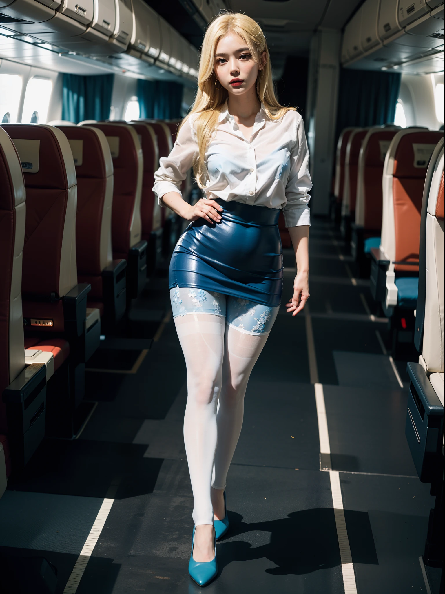 (full body:1.5),((girl):1.4),(view the viewer:1.4),(anatomy correct:1.3),(martial art pose on a plane:1.2),((colorful), (WHITE SHIRT BREAK BLUE PROFESSIONAL DRESS)):1.2),((thick white and blue Pantyhose):1.35),(black girl pointed thick heels :1.1),((Strong blonde):1.3),(Accurate and perfect face:1.3),hyper HD, Ray traching, reflective light, structurally correct, Award-Awarded, high detail, lighten shade contrast, Face lighting ,cinematic lighting, masterpiece, super detailing, high quality, high detail, best quality, 16k,High contrast,