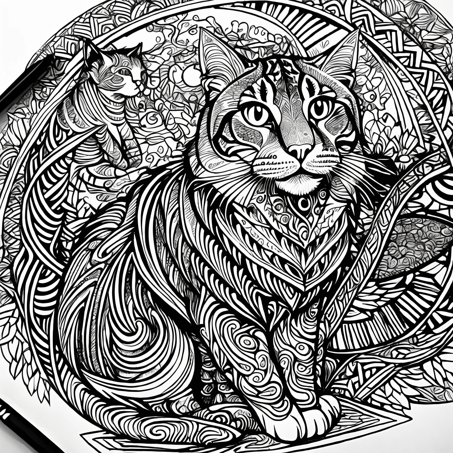 Maincoon cat, (best quality) zentangle, fine line drawing, fine line art, colouring book illustrations, ultra-detailed, intricate linework, highly detailed illustration, perfect composition, beautiful and stunning, dynamic angle, high contrast, incredible shading, incredible detail, unique style, multi colored details, (dark and mystical atmosphere), intricate and detailed nature elements. --auto --s2
