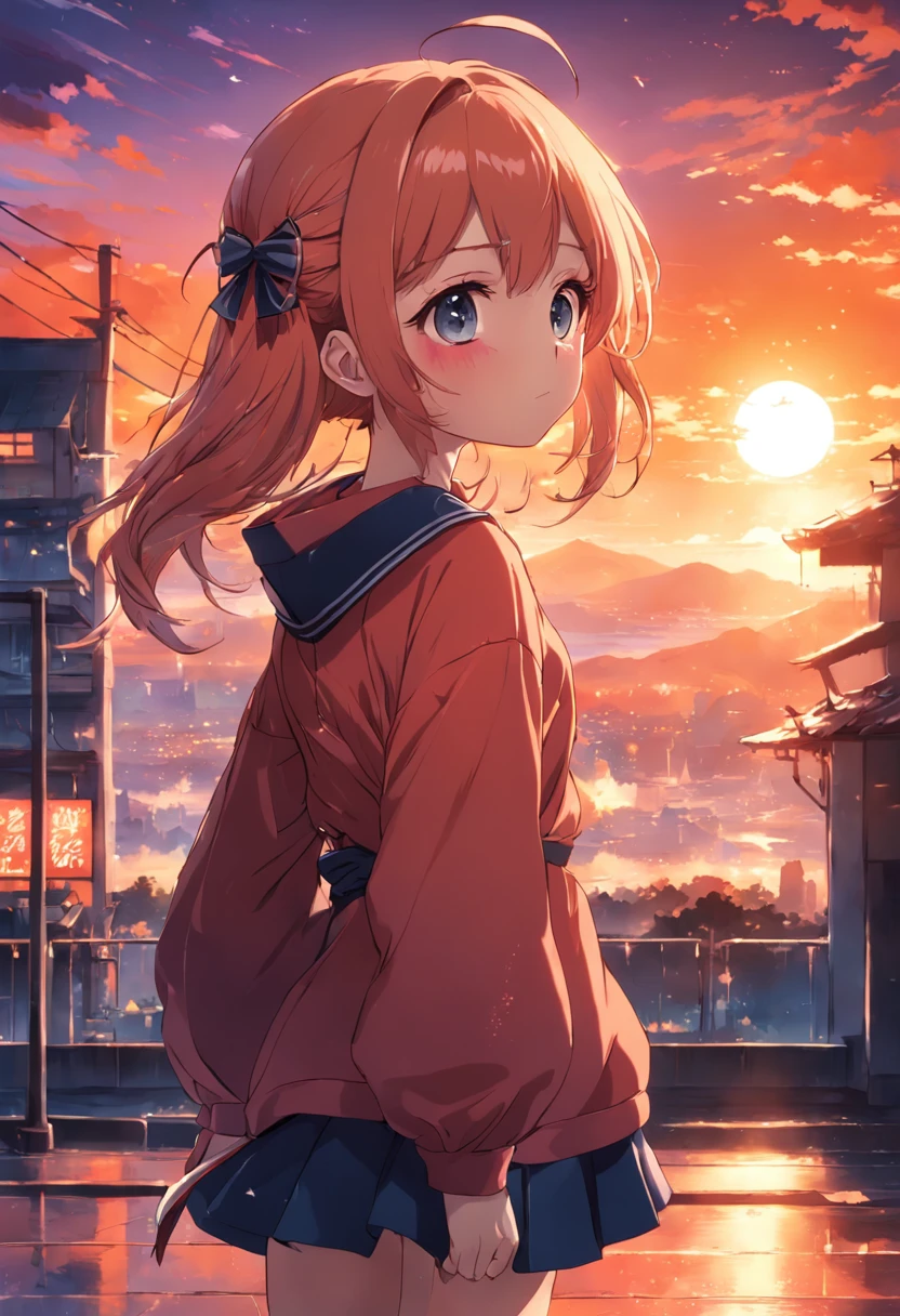 animesque, charicature, positive bright look, Illustration of a girl on beautiful sunset background