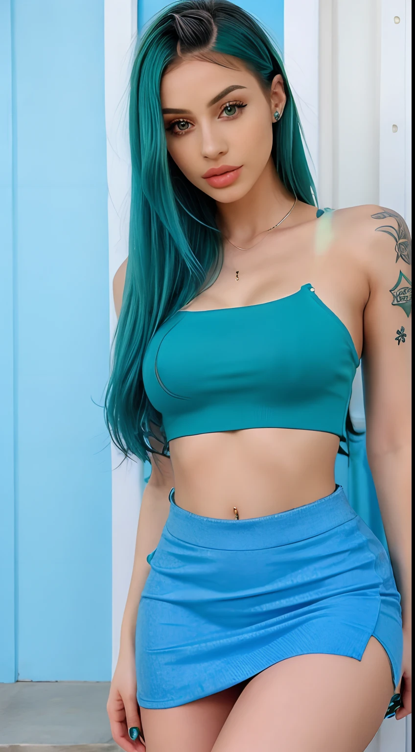 Mulher do cabelo azul linda, dos olhos cor verde, with fleshy lips and has tattoo wearing a sexy mini skirt