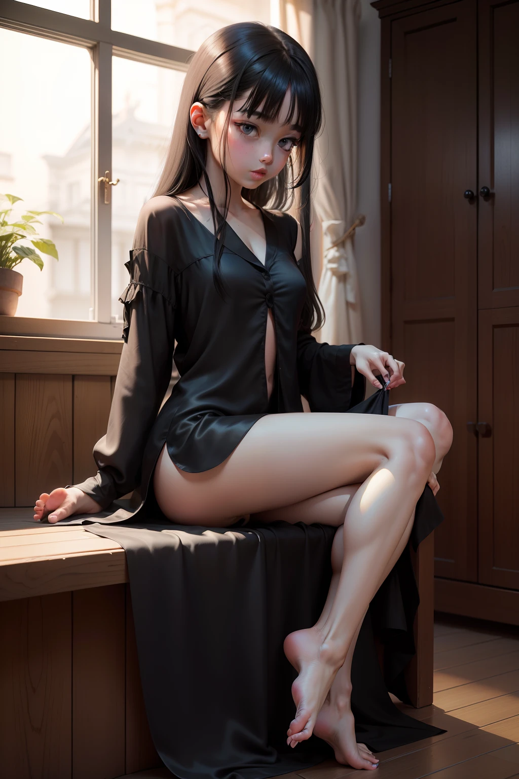Black silk girl barefoot