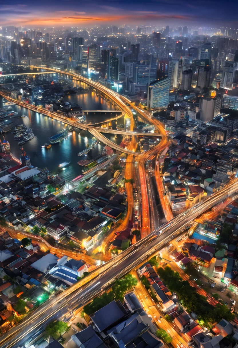 (Tilt-Shift:1.4),Midnight Crossing of bangkok city,(highly colorful, Best Quality, detaileds, masutepiece, Cinematic lighting, 4K, Chiaroscuro)