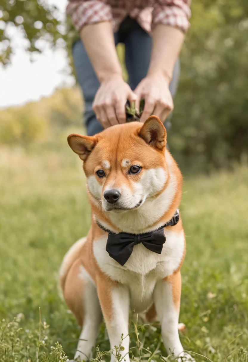 A shiba inu dressed as a farmer with humans standing on hands and feet in the meadow
