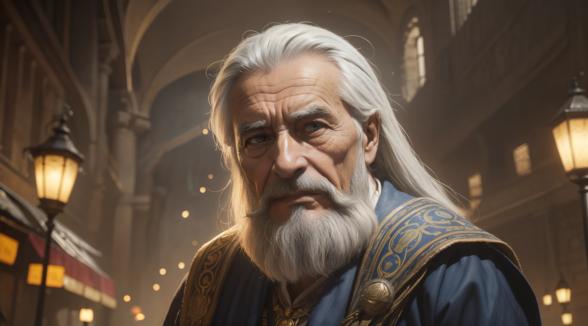 A memorable scene from an ancient city, where a 90-year-old elderly sage with long gray hair, longa barba cinza, looks into the camera. The environment is immersive with realistic details and the lighting is perfect for adding drama and depth to the scene. (HDR: 1.4), (cores suaves:1.2), altamente detalhado, (art-station:1.4), cinemactic, luzes quentes, dramatic light, (detalhes intrincados:1.1), Antecedentes complexos, (Rutkowski:0.66), (azul e laranja :0,4)