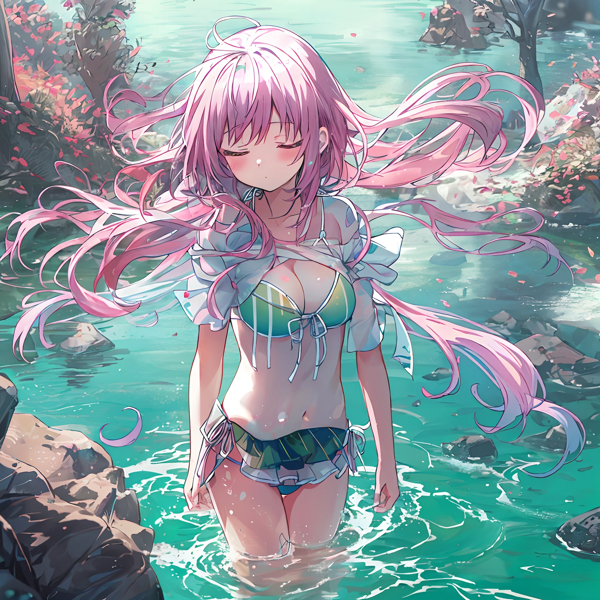 absurderes, hight resolution, (Anime style:1.1), ((masutepiece)), ((Best Quality)), (Ultra-detailed), (Beautiful), 独奏, Beautiful face、(liftup),12year old、Cute little girl standing in the water of a beautiful beautiful lake deep in the forest,Wind,Pink colorful hair, Colorful eyes,(maikurobikini:1.7),Blue sky,Closed eyes,Looking at Viewer,Lens Flare,Dramatic, Coastal、、Bare legged、(Big breasts)、Emphasis on the chest