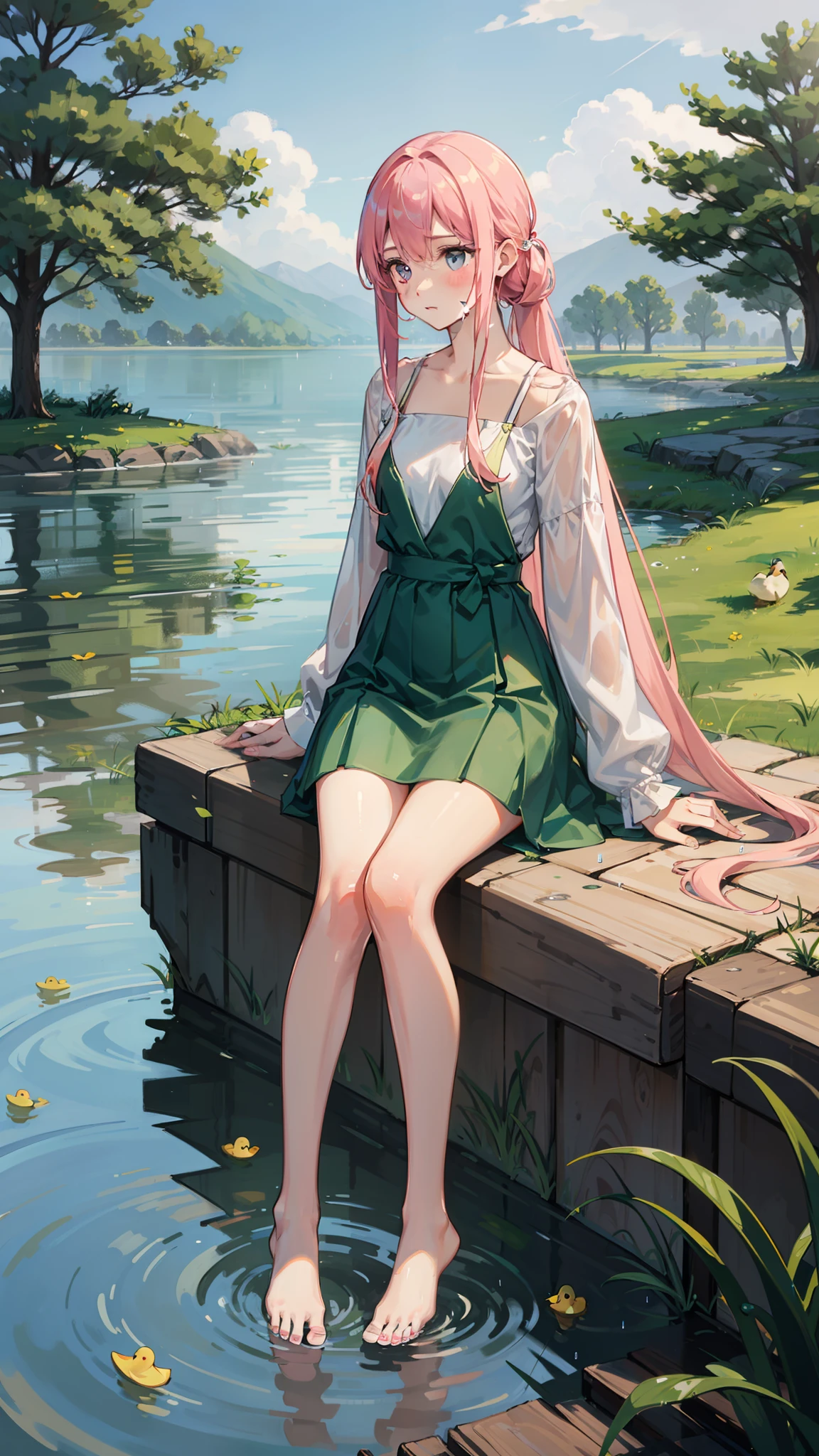 rained，By the lake，Green meadows，The barefoot，Long, thin legs，Thin clothes，Get wet，duck sitting，Delicate face，High ponytail，Star Eyes，A pink-haired