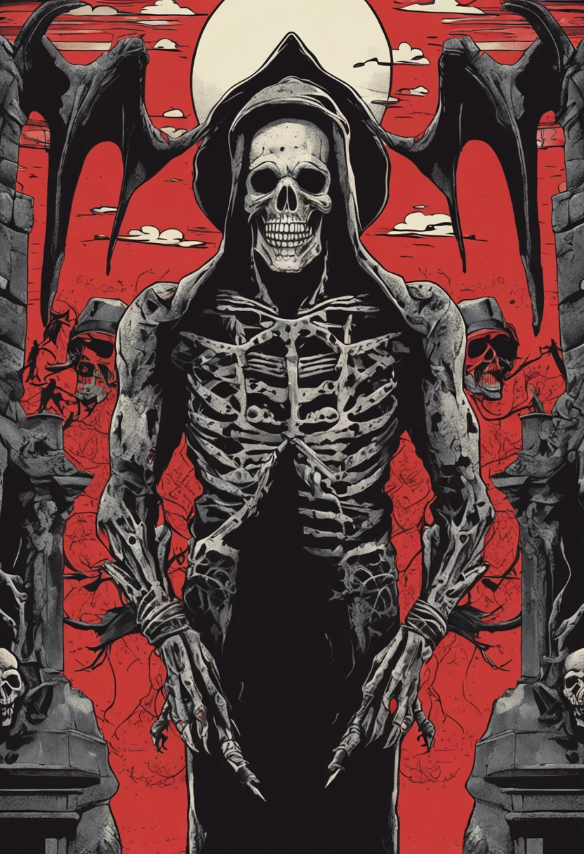 a skull-man, the background is a detailed cemetery, with crosses and bats, the colors are black and red