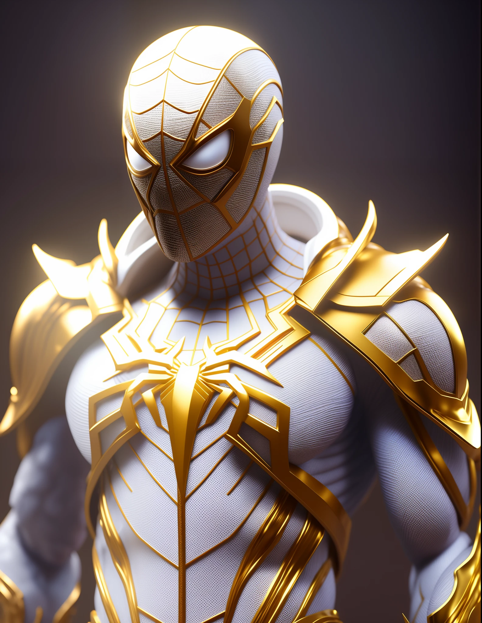 a close up of a statue of a man with a gold and white costume, super detailed render, 3 d render character art 8 k, intricate white and gold armor, full samurai armor spiderman, high detail iconic character, 8k render”, octane render ”, octane render”, super detailed octane render, super rendered in octane render, hyper detailed 3 d render, futuristic style spiderman