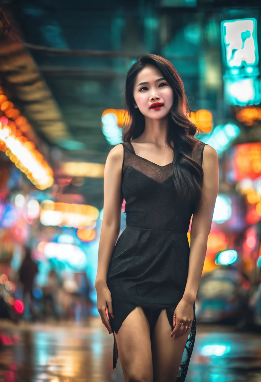vietnamese gorgeous woman with black long hair detailed alluring eyes, high nose, beautyful face, happy, Thigh gap long sexy legs, short dress, sexy wearing t-shirt Vietnam in beautiful futuristic in a street of hanoi, mist, hot, sunny, best quality masterpiece, photorealistic, detailed, 8k, HDR, shallow depth of field, broad light, high contrast, backlighting, bloom, light sparkles, chromatic aberration, sharp focus, RAW color photo, accent lighting