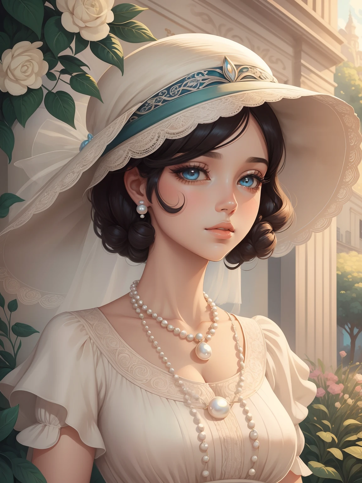 Parisian illustration from the 1920s with an air of elegance and charm. Ela tem curta, "para o menino" Estilo de cabelo, provavelmente marrom escuro ou loiro. Your face is enhanced by subtle makeup, with lips painted in a soft tone and eyes emphasized by eyeliner. She wears a flowing, Desafio vestido cortado, possivelmente adornado com franja ou detalhes de renda, representing the Art Deco fashions of the time. A long pearl necklace and a cloche hat adorn her look, complementando sua aura sofisticada. His gaze is curious and contemplative, reflecting their participation in the cultural and artistic discussions that simmer in Parisian cafes and salons. She is standing in a garden ,Digital illustration style, Cartoon style illustration, Belo estilo de arte, Trends in Artstration, Beautiful digital illustration, bela arte digital, estilo de arte dos desenhos animados, arte digital detalhada bonito, exquisite digital illustration, Estilo de desenho bonito, Amazing Art Style, estilo de arte vetorial, Digital anime illustration, 2d illustration