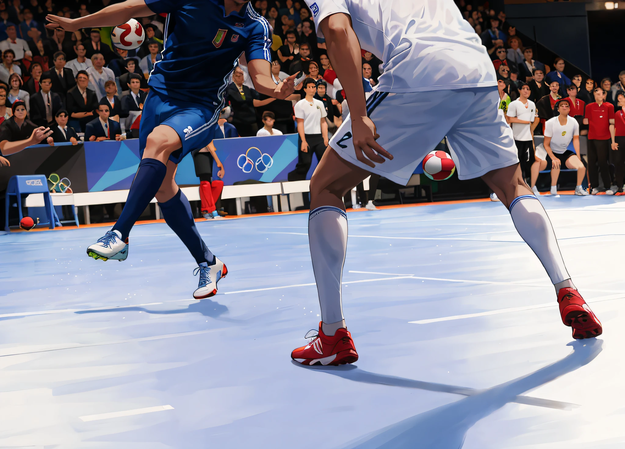 several men playing a game of soccer on a court with a crowd watching, france, dynamic action shot, afp, cover shot, indoor shot, focus on his foot, trending dribble, photo from the olympic games, opening shot, the best ever, 🇺🇦, yann blomquist, instagram post, wide angle dynamic action shot, title, by Bernard Meninsky