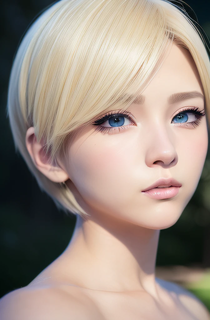 masutepiece、(Lifelike face:1.2)、(a blond、Boyish short-haired)、(Lashes:0.9)、Less hair on the side in the foreground、back hair is short、Calm eyes、Blue eyes、１８Year old woman、、Portrait of extreme beauty、realistic anime 3 d style、Real life anime girl crystal clear white skin、Whole face