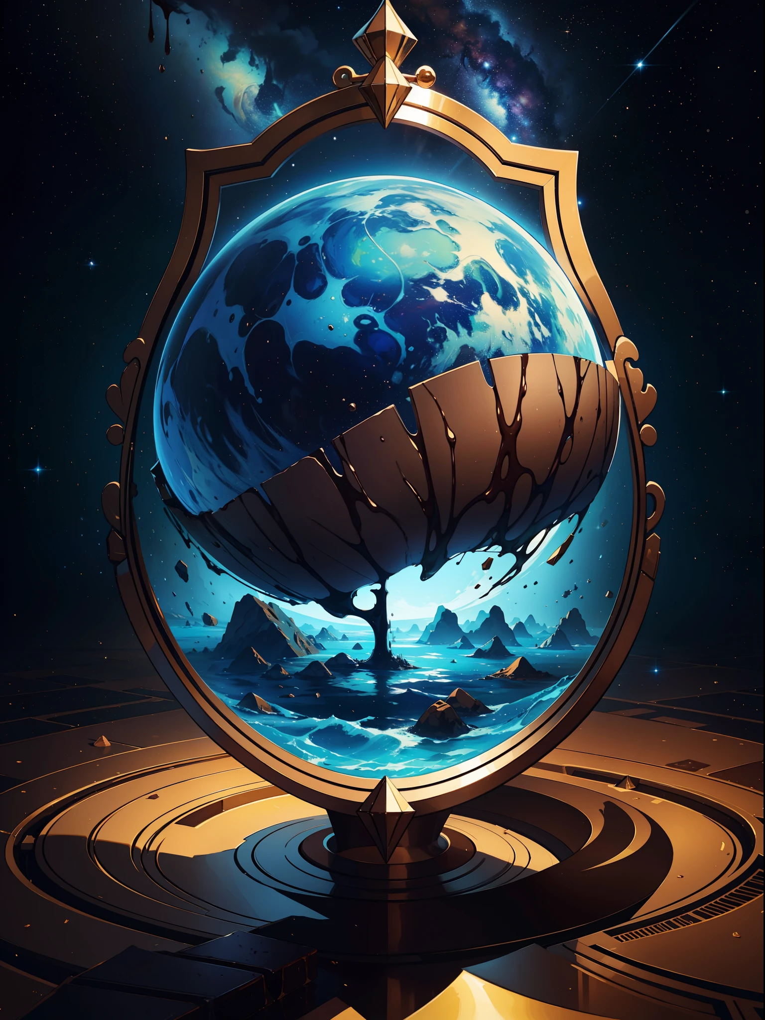"Create a mesmerizing 3D artwork of a chocolate universe with a stunning blue print effect."