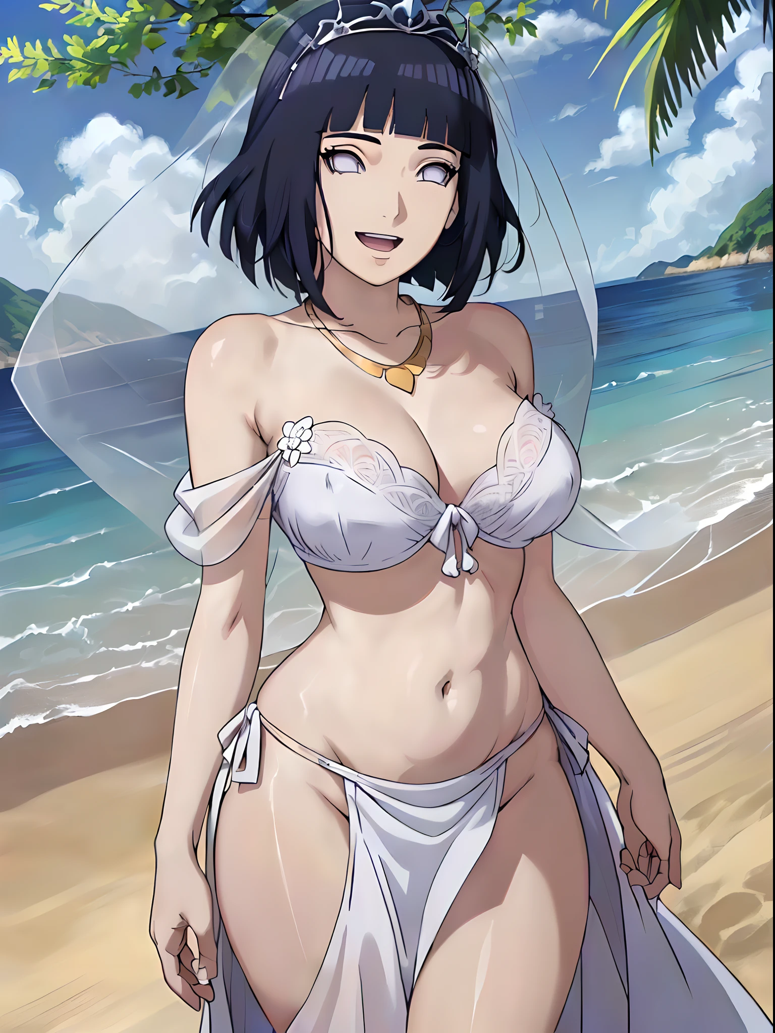 (WALLPAPER, (hinata\(boruto\), masterpiece, 4k, vector coloring, whole body shot, contrast lighting, mature female, milf, (curvy:0.8), solo, anime style, sharp focus, professional artwork, intricate details, detailed beach background, colorful, vibrant colors, vivid colors, digital blending, ultra detailed body, ultra detail hair, ultra detail face, trending on pixiv, very hot colors, sunny day, outdoor, detailed bold arm lines, high color saturation, bold lines, bold drawing lines),
(standing, open mouth, kind smile, extremely happy, goodbye),
((dark blue hair color:1.1), wavy hair, ((short hair, hime cut)),
(perfect eyes, white sciera, white eyes, anime eyes, smoky eyeliner, eyeshadow)
(white skin, slender body, milf, navel, groin, flat belly, perfect face, perfect thighs),
(Thighs, legs, big breasts, perky boobs, off-shoulders, (groin, detailed shoulders),
(bare chest, bare shoulders, bare hands, bare legs),
(all cloth is white, white dress, wedding veil, white flower wedding tiara, gold necklace)