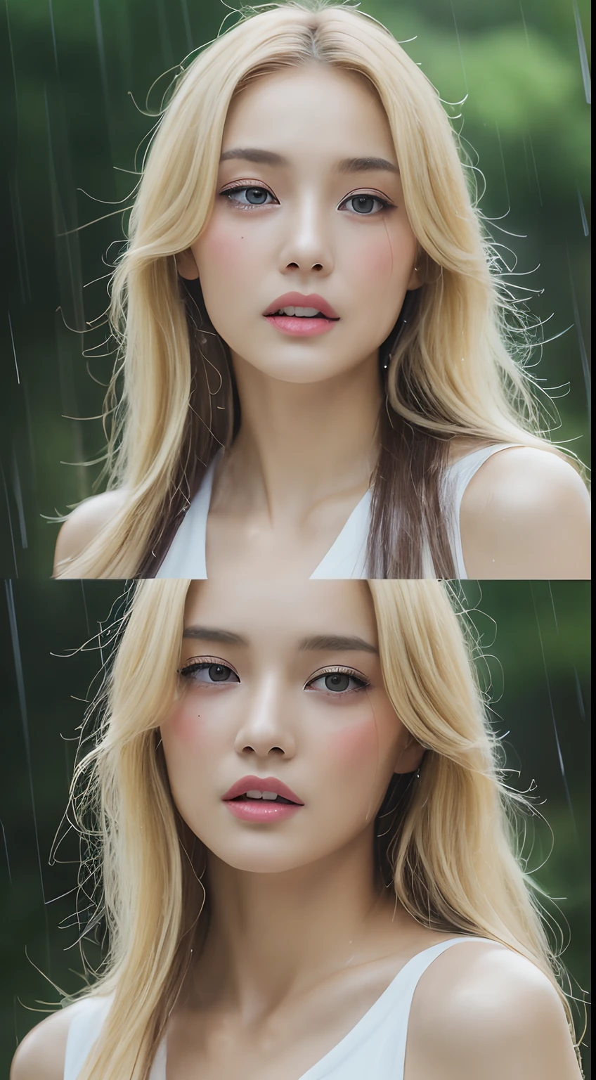 (top-quality、4k、masterpiece:1.3)、Beautuful Women、1girl in、A sexy:1.1、a blond:1.1、(rainy wet、wet from the rain、a wet body:1.2)、white tank tops、hyperdetailed face、detailed lips、A detailed eye、二重まぶた、17 age
