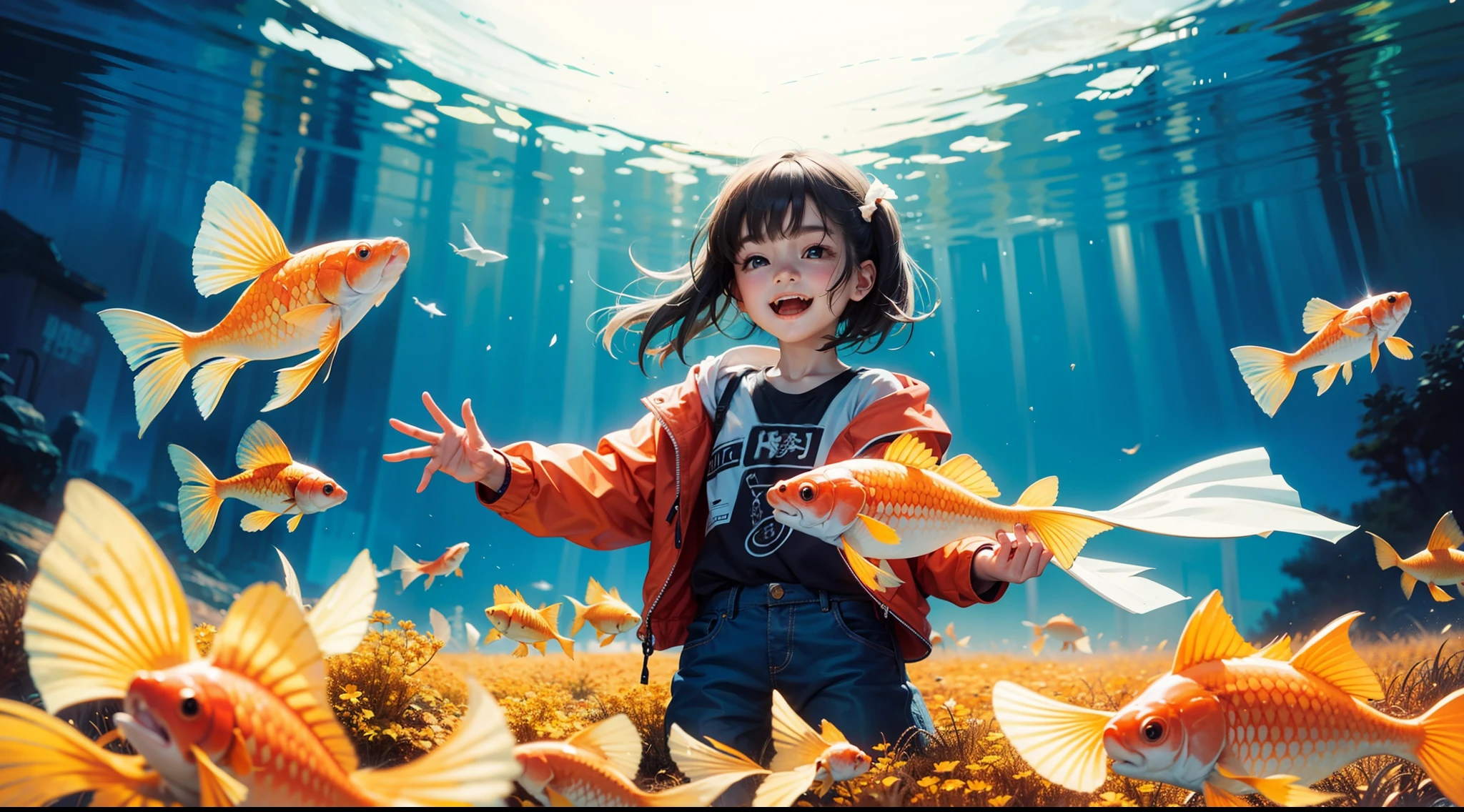 Lots of goldfish around the  girl，The littlelaughed happily，Best quality at best，Top illustration