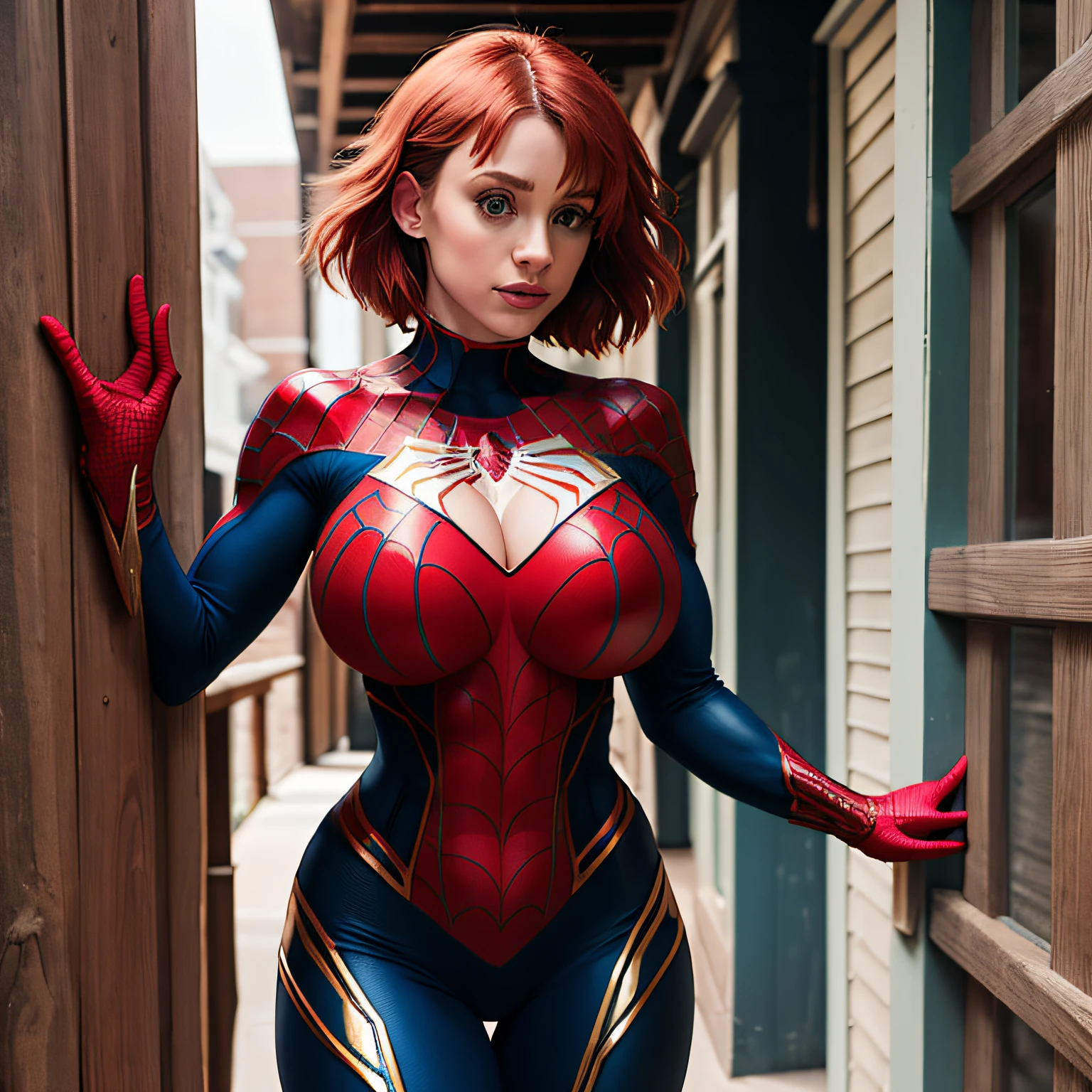 ((highest quality)), ((masterpiece)), (detailed), Perfect Face(((Vulgarity)))、((Ultimately realistic))、8K、B82 W58 H85、Her Room、Spider-Man cosplay with open chest、Cleavage、Japanese、、Bright orange hair、Short skirt、Give yourself a massage、night、Sexy Face、healthy、Beauty、Straddle、Wet、Dim lighting、nightのホテルの部屋