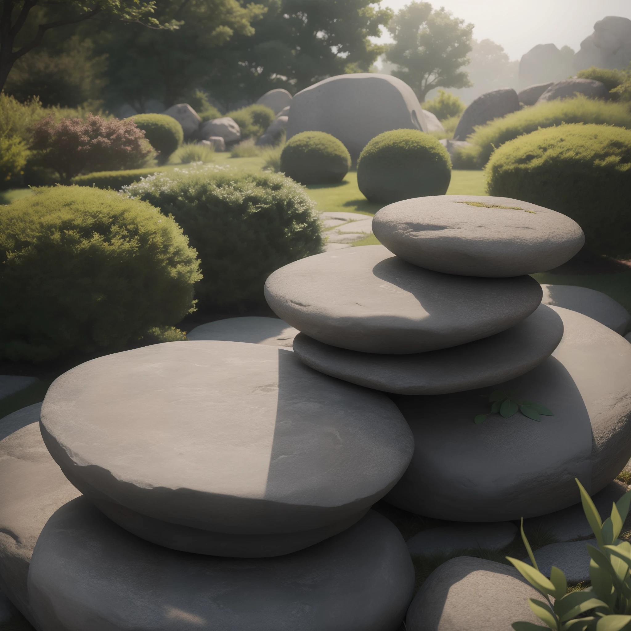 there is 1 simple cylindrical stone sitting on top of a rock in the middle of a garden, foggy garden backdrop, stone in the garden, the stone is round, background environment. 8 k, photoreal, minimalistic