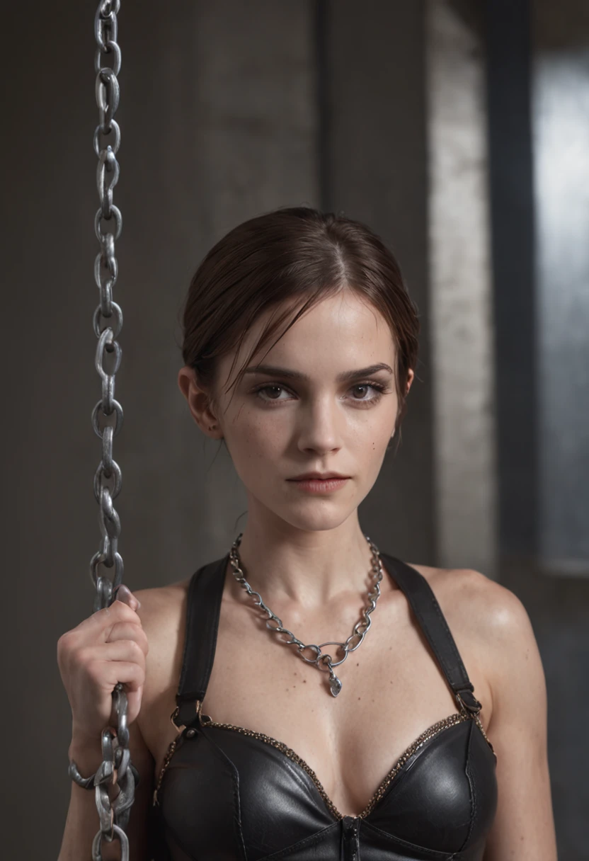 emma watson, Black Corset, Bondage, (in prison cell), Chained Woman, Full Body, ((arm behind back)), Chained Chain, ((Best Quality, 8k, Masterpiece: 1.3)), Sharp Focus: 1.2, Beautiful Woman in Perfect Shape: 1.4, Slender Abs: 1.2, ((Layer Cut, Big: 1.2)), (Rain, Street: 1.2), Wet Body: 1.5, Highly detailed face and skin texture, detailed eyes, very short hair, BDSM, slave, rubber,