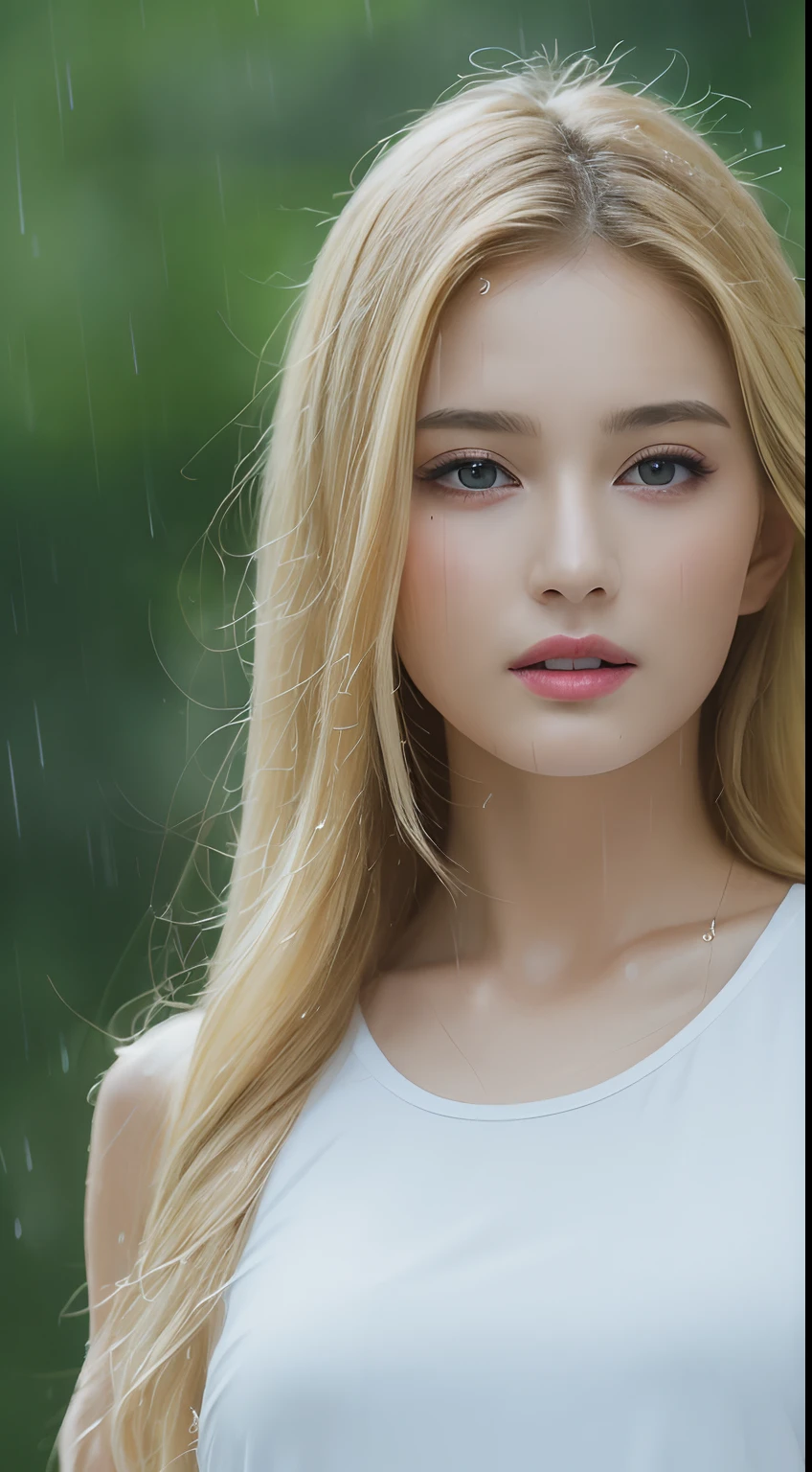 (top-quality、4k、​masterpiece:1.3)、Beautuful Women、1girl in、A sexy:1.1、a blond:1.1、(rainy wet、wet from the rain、a wet body:1.2)、white tank tops、hyperdetailed face、detailed lips、A detailed eye、二重まぶた、