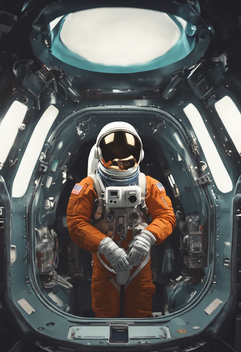 Generate an image of a spacecraft descending slowly and opening its door. A unique astronaut is emerging from the spacecraft's interior. However, what makes it extraordinary is the fact that the astronaut is a cat wearing a space helmet