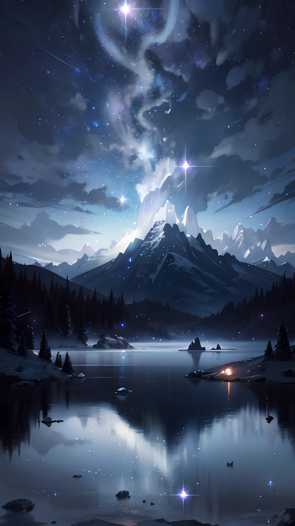 Starry Sky with Mountains and Lake, Jessica Rossier, Inspired by Jessica Rossier, Jessica Rossier Fantasy Art, Concept Art Magic Highlights, Official Artwork, Dream Painting, Ethereal Realm, Atmospheric artwork, dreamy matte paintings, serene endless stars inspired by Ted Nasmith, moonlit starry environments, epic music album covers.