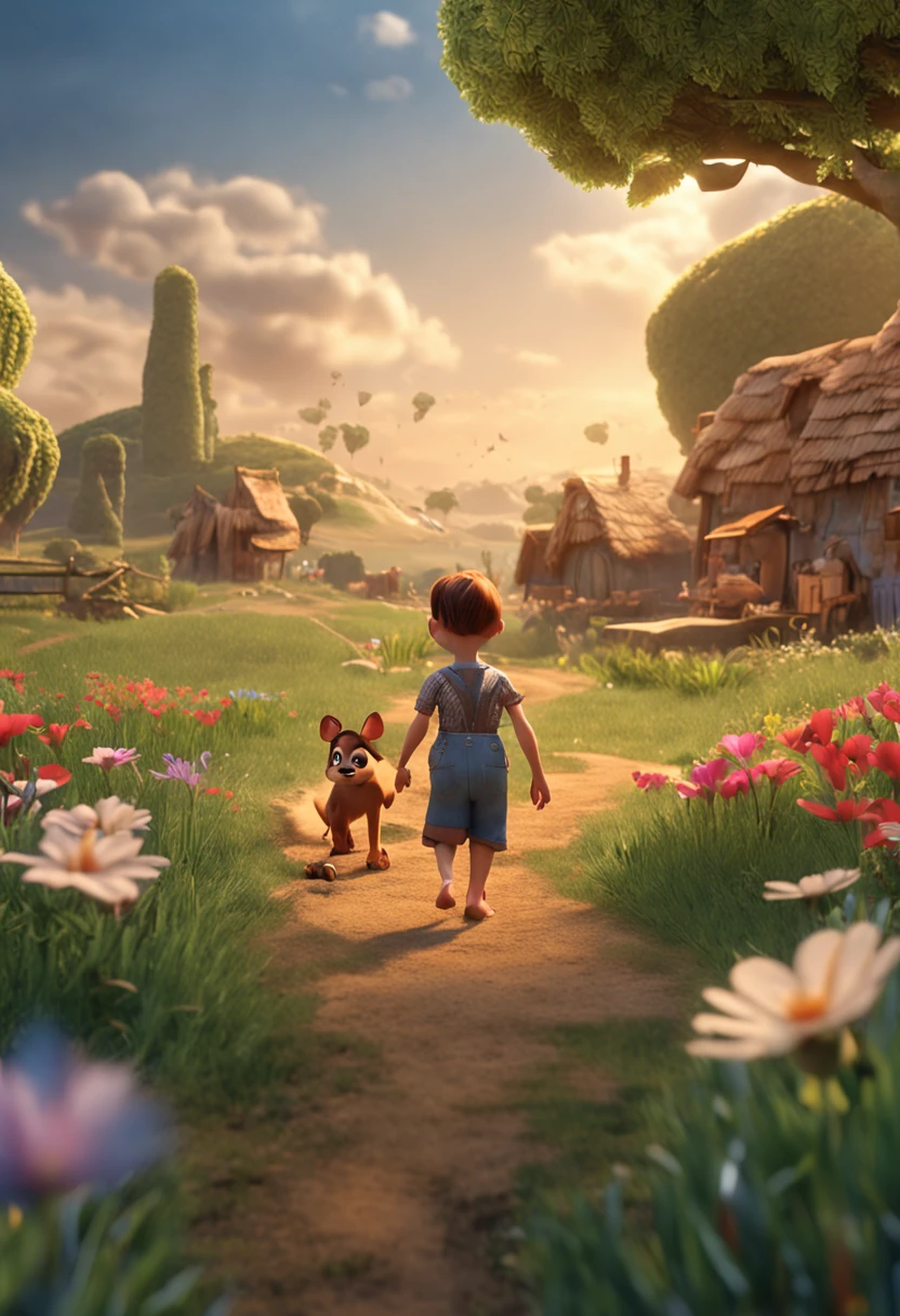 movie picture quality,Disney animation,style of disney animation,Disney movie animation,3D movies,China-style, girl and puppy playing in country field,Short hair and small braids,Denim suspenders,The barefoot,depth of fields,high light,Real light,Ray traching,oc rendered,Hyper-realistic,best qualtiy,8K,Works of masters,super-fine,Detailed pubic hair,Correct anatomy,sharp focus on eyes,Bokeh,Facial features are carefully depicted