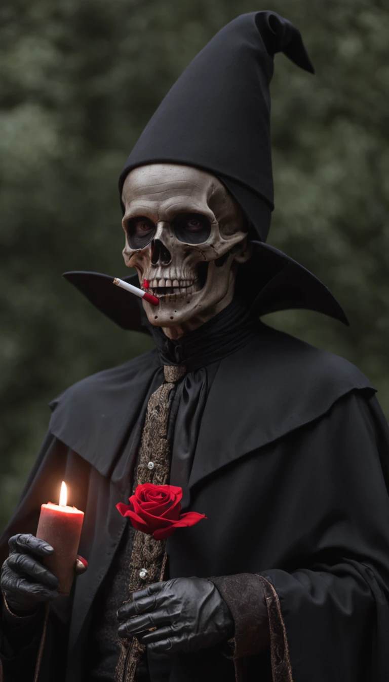 a skull-man, he is dressing a black cape and smoking a cigar, he wears a hat, he is classy, the background is a cemetery with bats and red candles, all the colors are black and red