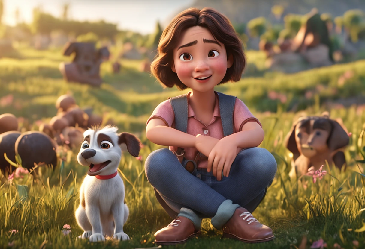 movie picture quality，Disney animation，style of disney animation，Disney movie animation，3D movies，China-style， girl and puppy playing in country field，Short hair and small braids，Denim suspenders，The barefoot，depth of fields，high light，Real light，Ray traching，oc rendered，Hyper-realistic，best qualtiy，8K，Works of masters，super-fine，Detailed pubic hair，Correct anatomy，sharp focus on eyes，Bokeh，Facial features are carefully depicted