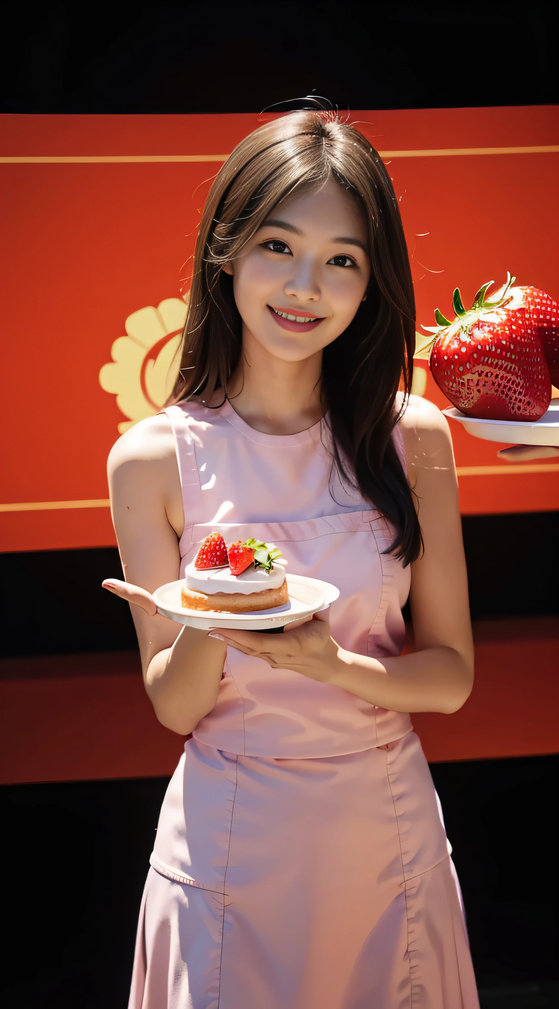 1girll,Cook,Ultra high quality,With a smile,facing to audience,Strawberry cake in hand,