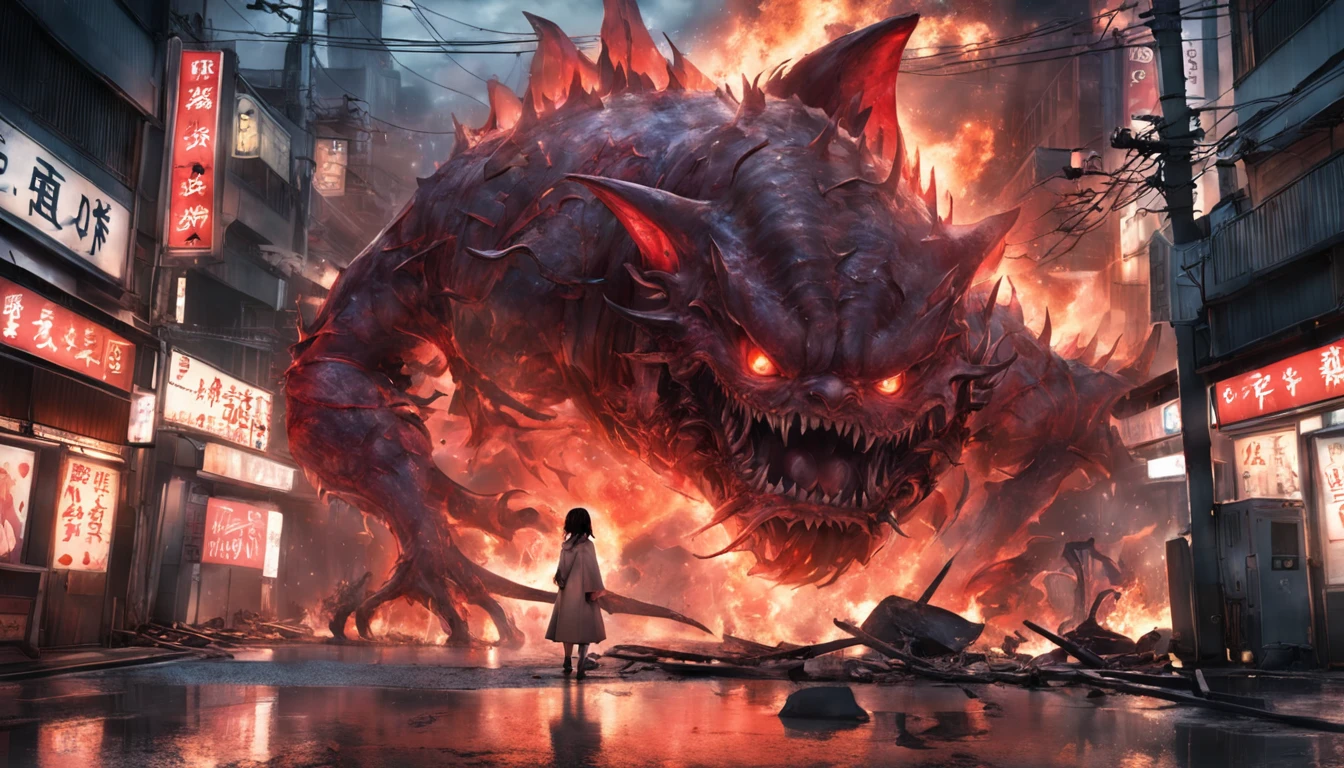movie picture quality,Real Photographics,Hyper-realistic,scary movie lighting,(Fish monsters:1.5),Extremely large,blood vess,frotting,Murderous,Raging on the streets of Tokyo, Japan,Destroyed buildings,Collapsed walls,fire glow,The frivolous clown kimono Japanese are on the run,depth of fields,high light,Real light,Ray traching,oc rendered,Hyper-realistic,best qualtiy,8K,Works of masters,super-fine,Detailed pubic hair,Correct anatomy,sharp focus on eyes,Bokeh,Facial features are carefully depicted