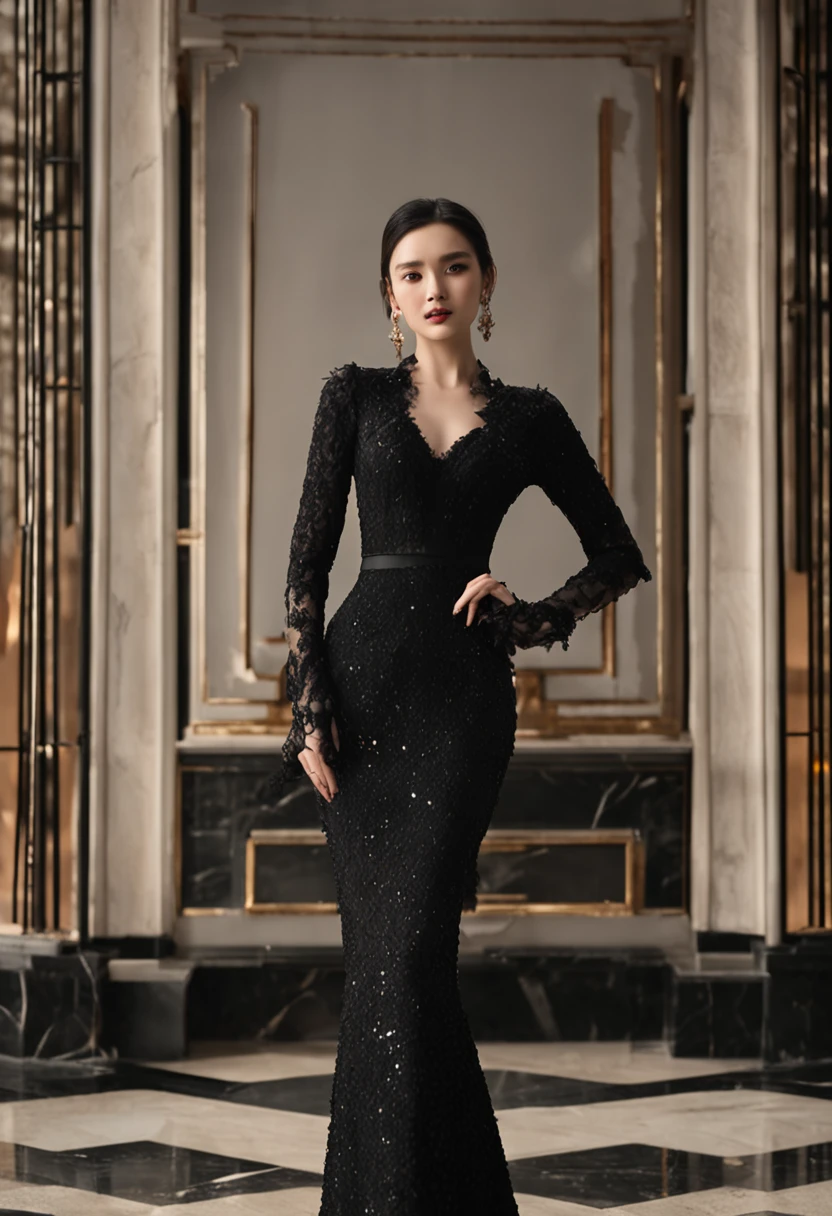 there is a woman standing in a room with a brick wall, dilraba dilmurat, black dress, dark black long dress, wearing black dress, an elegant woman in black dress, black gown, full length shot, full length view, dark black dress, she is wearing a black dress, stunning elegant pose, full pose, full black dress,hyper realistic, trending on artstation, sharp focus, intricate details, highly detail,The camera lens used is the Sony Alpha 7 IV with 24-70mm f2.8,Super fine face, Fine eyes