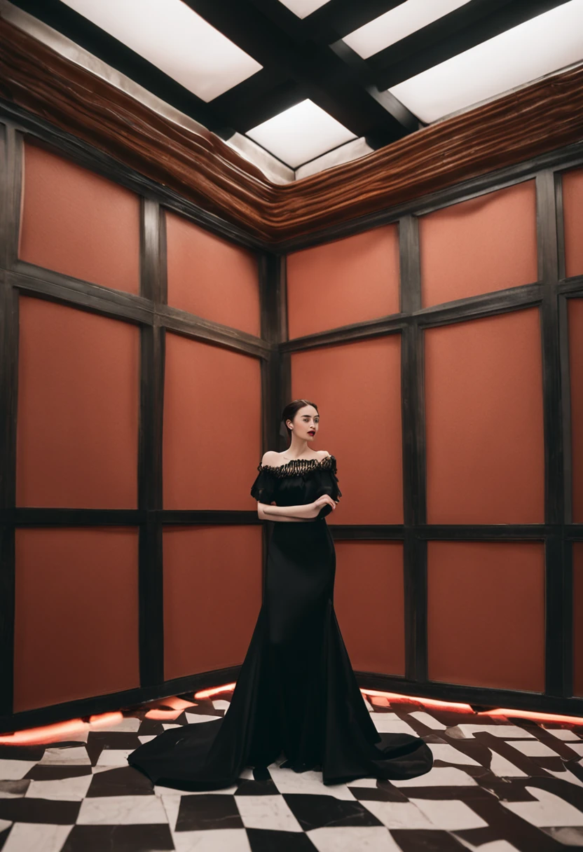 there is a woman standing in a room with a brick wall, dilraba dilmurat, black dress, dark black long dress, wearing black dress, an elegant woman in black dress, black gown, full length shot, full length view, dark black dress, she is wearing a black dress, stunning elegant pose, full pose, full black dress,hyper realistic, trending on artstation, sharp focus, intricate details, highly detail,The camera lens used is the Sony Alpha 7 IV with 24-70mm f2.8,Super fine face, Fine eyes