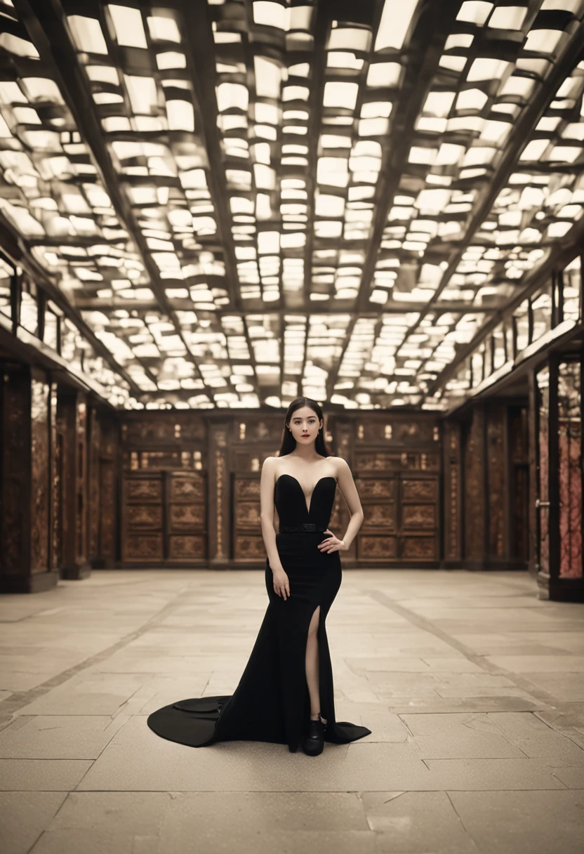 (highly detailed stunningly gorgeous 25 year old Japanese woman in a (( black midi dress))), pale skin, brown eyes, looking at the camera , (in an ancient castle with dramatic architecture), long curly hair, (perfect eyes:1.2), (perfect face:1.2), perfect hands, (perfect fingers:1.2), (perfect legs:0.5), (toned physique:1.2), high quality RAW photograph, hyper detailed, hyper realistic, amazing and beautiful, Hasselblad 35mm lens, ISO 400, face in frame, character centered in frame
