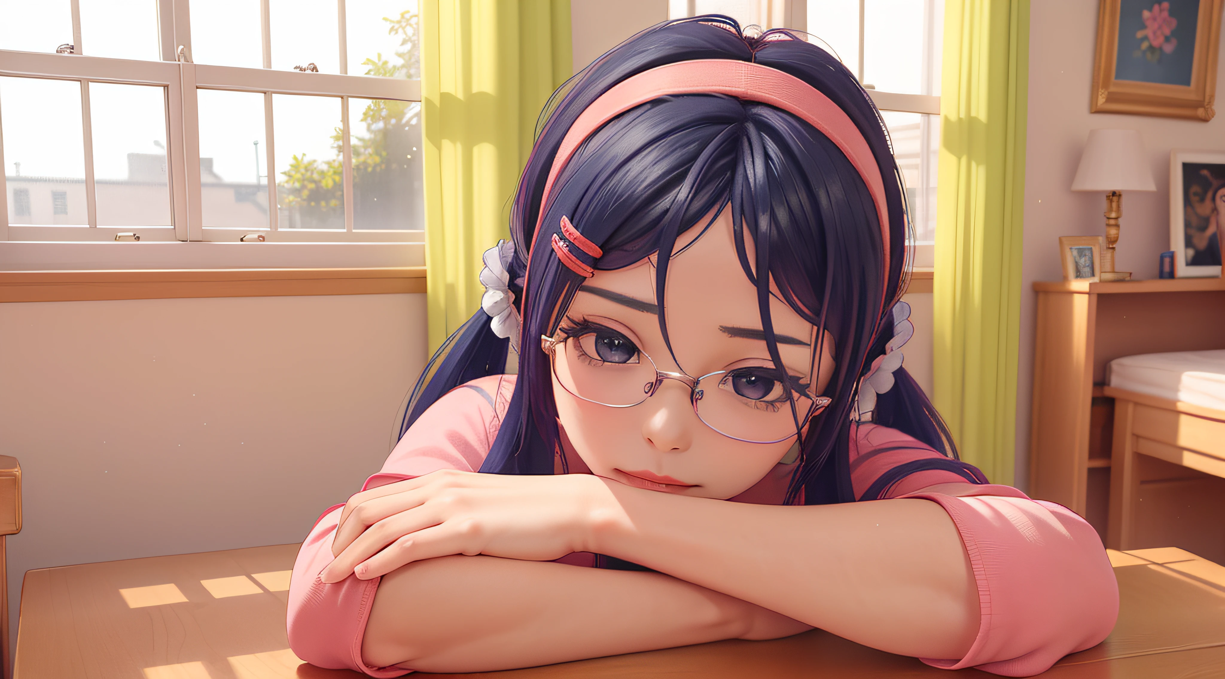 8K, Realistic 3D girl from anime game, Mita from the game MiSide, (((She lay down on the table))), rest, blurred background, The Pink Room, Paintings on the walls, TV in the background, Bookcase in the background, pink hoop on his head, Two pink hairpins in her hair, Milo ulыbaetsya, pigtails, The big picture, photo realism, Excellent furniture, (red glasses), (((beste-Qualit, 8K, tmasterpiece))), Highly detailed face texture, Responsibilities at the Center, Window, Sakura, Beautiful spring outside the window, Soft rays, Beautiful detailed shadows, soft shadows, Photorealistic hair, silk hair, Blue hair, violet eyes, Hands under the pillow, You can't see your hands, Korean appearance, One person, But the center, endearing smile, Very nice face, Ohegao, sexy face