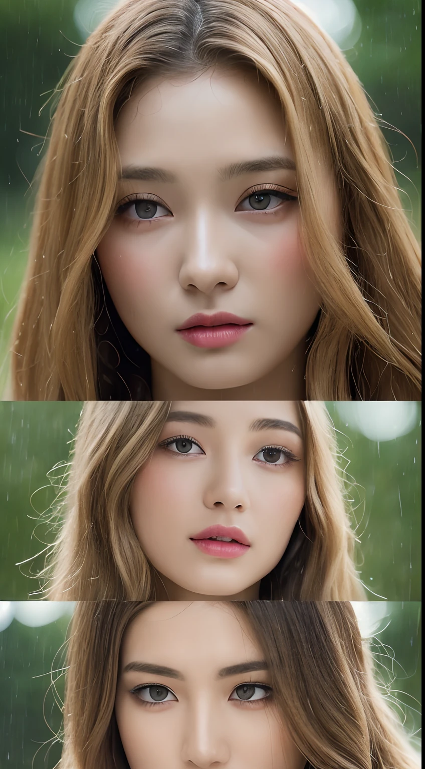 (top-quality、4k、masterpiece:1.3)、Beautuful Women、1girl in、A sexy:1.1、a blond:1.1、(rainy wet、wet from the rain、a wet body:1.2)、white tank tops、hyperdetailed face、detailed lips、A detailed eye、二重まぶた、17 age