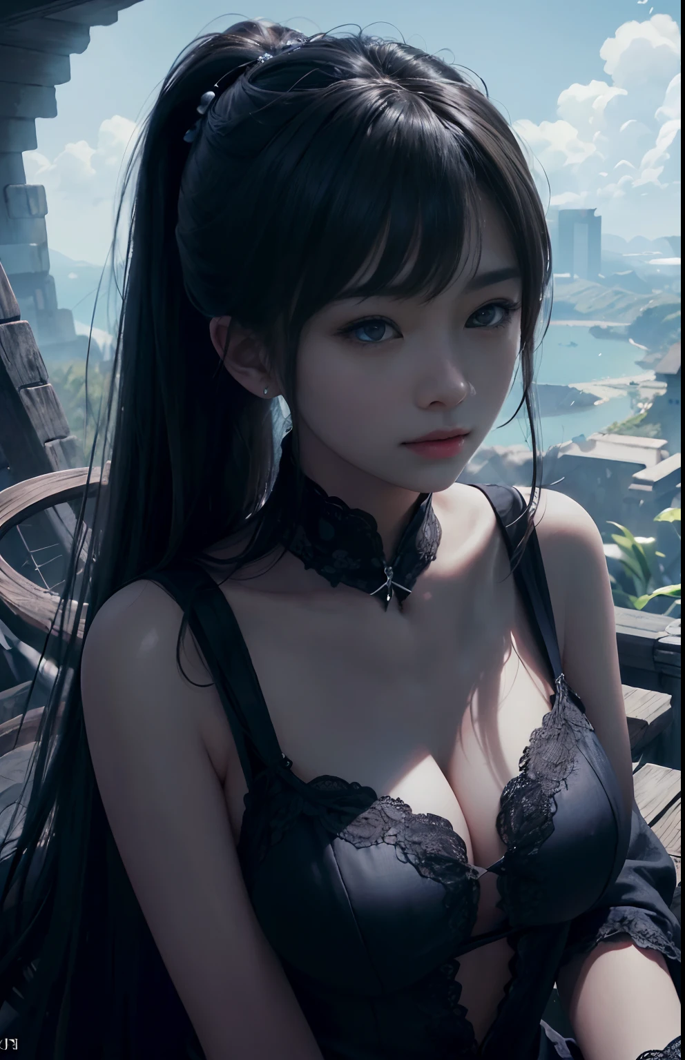 (Hyper-realistic) , (illustratio), (Increase the resolution), (8K), (extremely detaile), (Most Best Illustration), (美丽细致的眼睛), (best qualtiy), (ultra - detailed), (tmasterpiece), ( wallpaper), (详细的脸), 独奏,1个Giant Breast Girl, looking at viewert, exquisite detailing, 详细的脸, in the darkness nigth, deep shading, low tune,pureerosfaceace_v1, ssmile,long whitr hair,Black high ponytail,46 points oblique bangs
