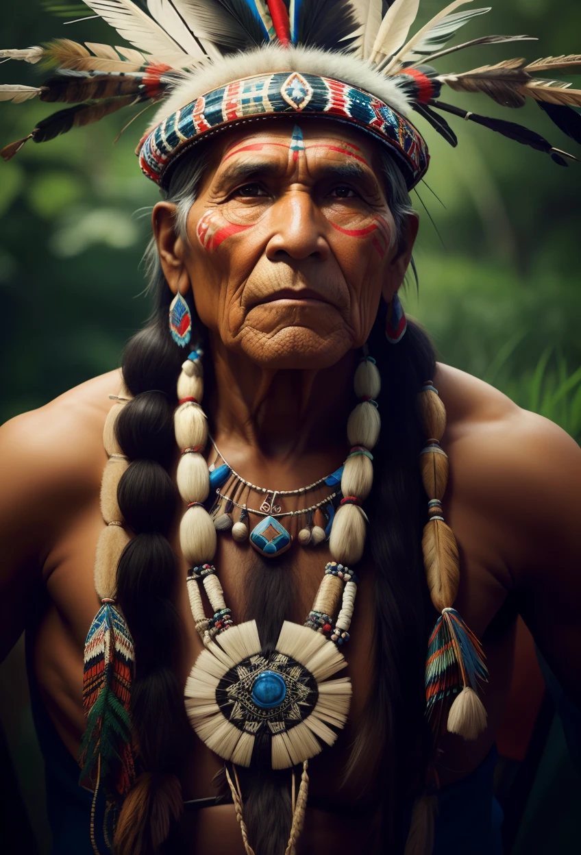 Create a hyperrealistic image of an indigenous shaman approximately 80 years old