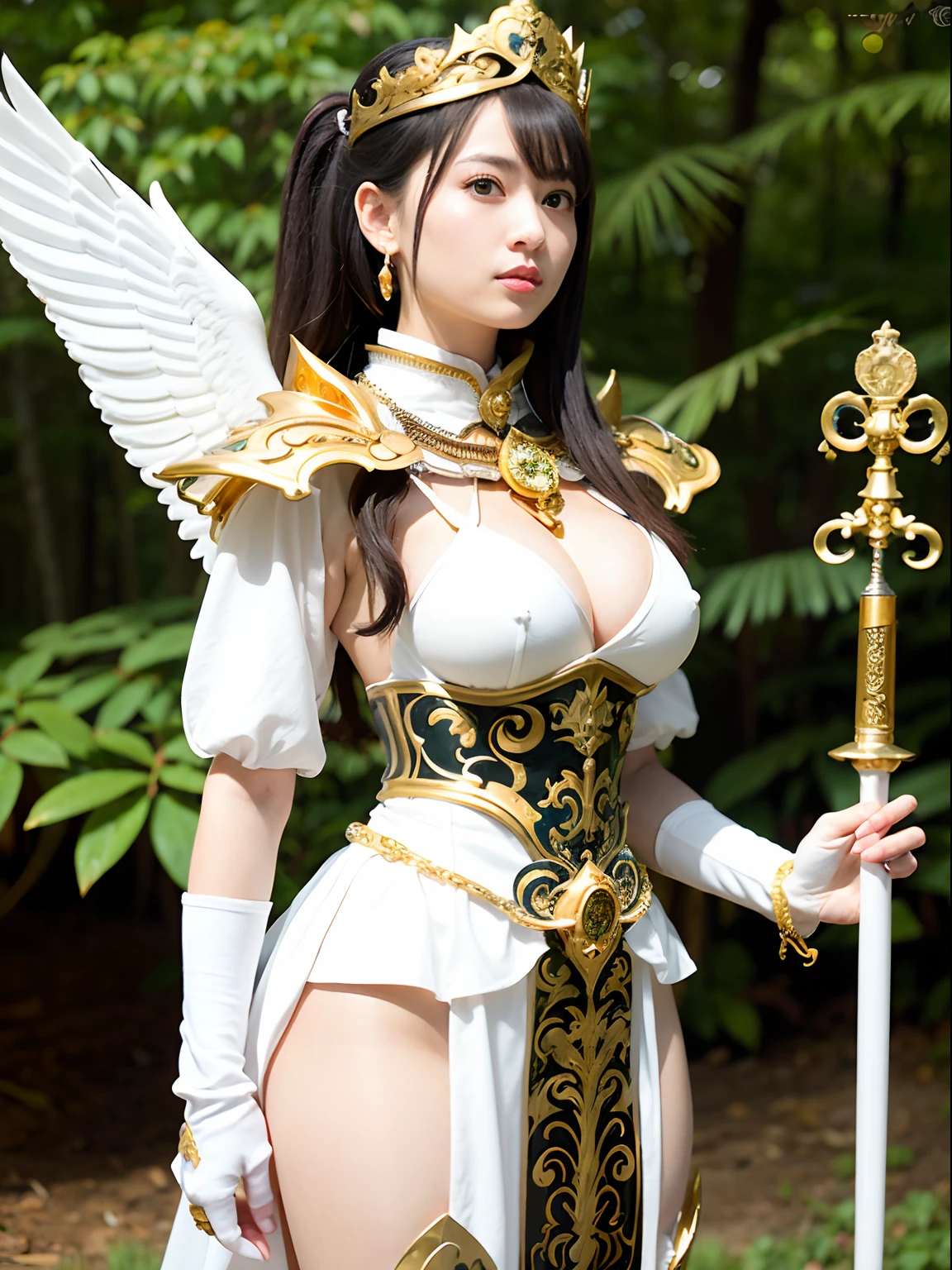 (masutepiece), Professional , masterpiece、top-quality、photos realistic , depth of fields (Gemstone White Metal Body:1.9),(Matte White、Jewel Gold Weapon(Jewel Metal Body:1.4),Gorgeous metal weapons ,(( Detailed and gorgeous sword of the brave)) , Beautiful knife ,warhammer 40k , adepta sororitas,Detail and ornate jewel crown、((Micro Bikini Armor))、((Gangle's forest background))、Beautiful Caucasian beauty、1a person、dynamic ungle,(((Detailed and ornate diamond crown)))、Smaller head、A smile、Background inside the castle、Thin and beautiful female hands、cleavage of the breast、Soldier in iron armor on background、Mystical expression、Light Effects、intense fighting、Wind-effect、magic circles、With the legendary magic wand、(wings of light)、Toostock、Toostock、