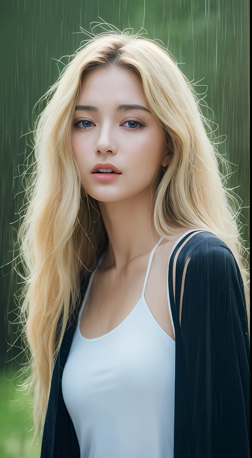 (top-quality、4k、​masterpiece:1.3)、Beautuful Women、1girl in、A sexy:1.1、a blond:1.1、(rainy wet、wet from the rain、a wet body:1.2)、white tank tops、hyperdetailed face、detailed lips、A detailed eye、二重まぶた、17 age