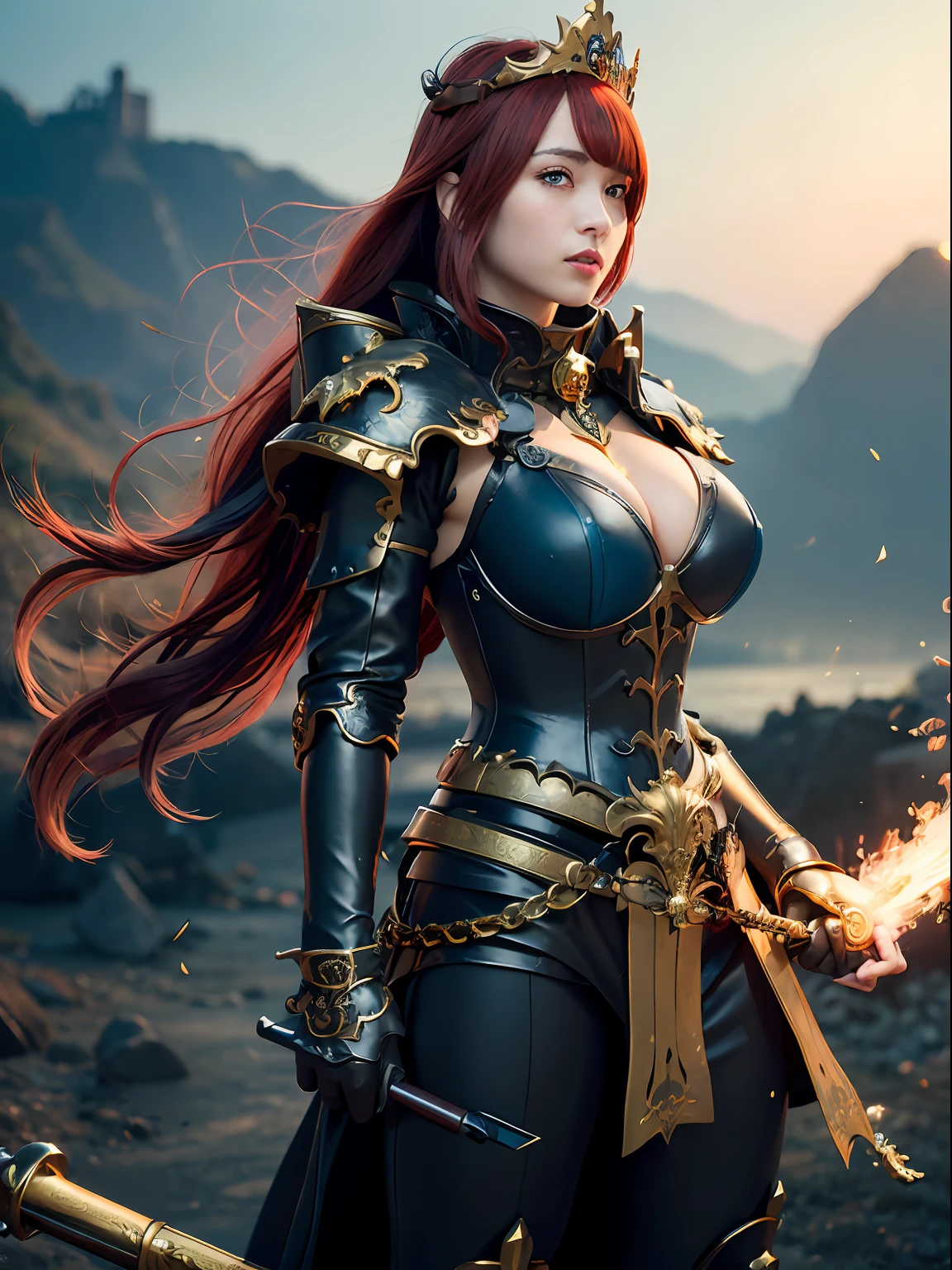 (masutepiece), Professional , masterpiece、top-quality、photos realistic , depth of fields 、(Dragon Black Metal Body:1.9),(Matte Blue Black、(cleavage of the breast)、Dragon Gold Weapon(Dragon Metal Body:1.4),Gorgeous gold weapons ,(( Dragon's dense and gorgeous sword)) , (demonic wings) ,warhammer 40k , adepta sororitas,Detail and gorgeous crown、((Red hair))、(Castle background)、((Gangle's forest background))、Beautiful Caucasian beauty、1a person、dynamic ungle,(((Detailed and ornate Black Dragon Crown)))、Smaller head、A smile、Castle background、Thin and beautiful female hands、cleavage of the breast、Soldier in iron armor on background、Mystical expression、Light Effects、intense fighting、Wind-effect、magic circles、With the legendary magic wand、Dragon's tail、